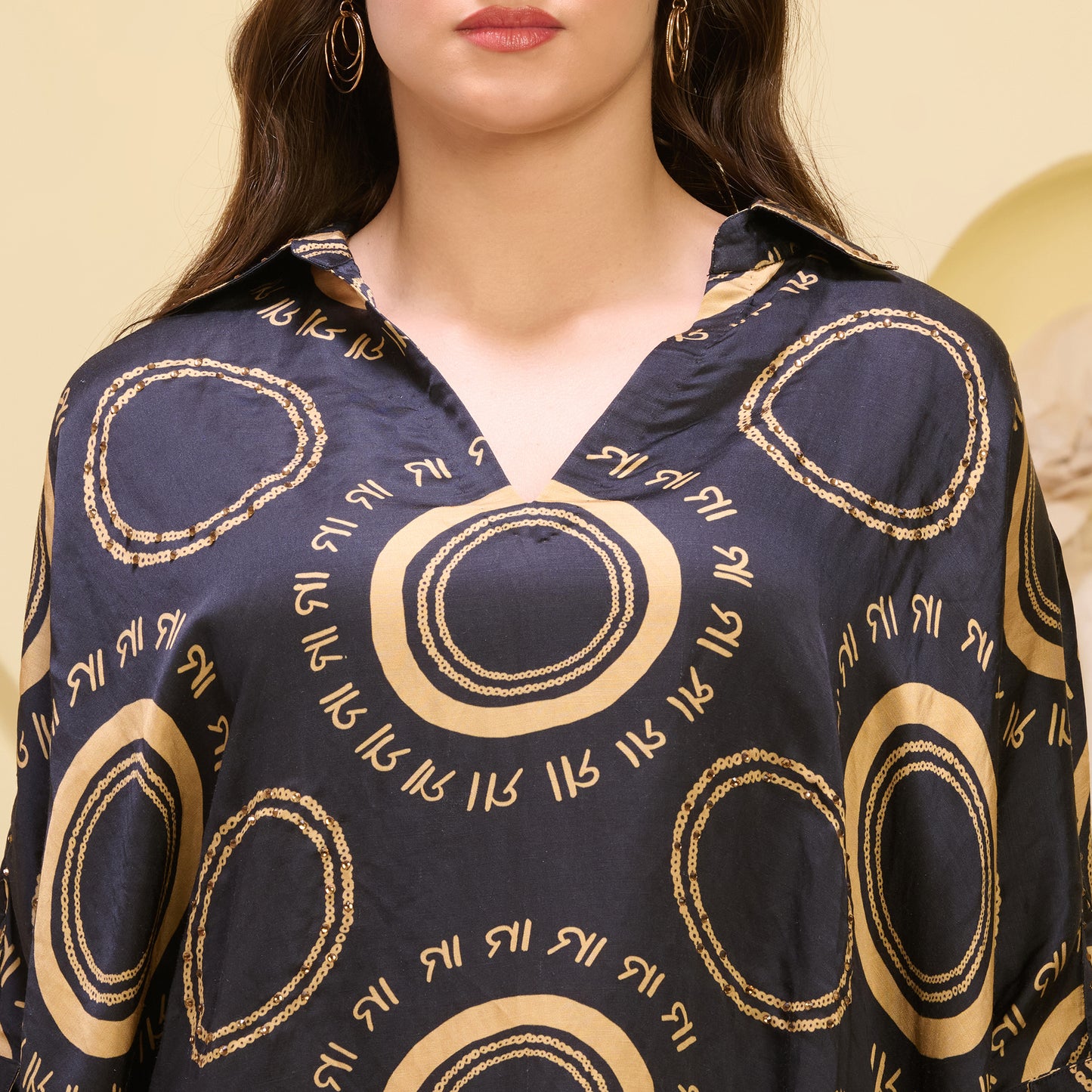 Black and Golden Maa Print Embellished Kaftan Top