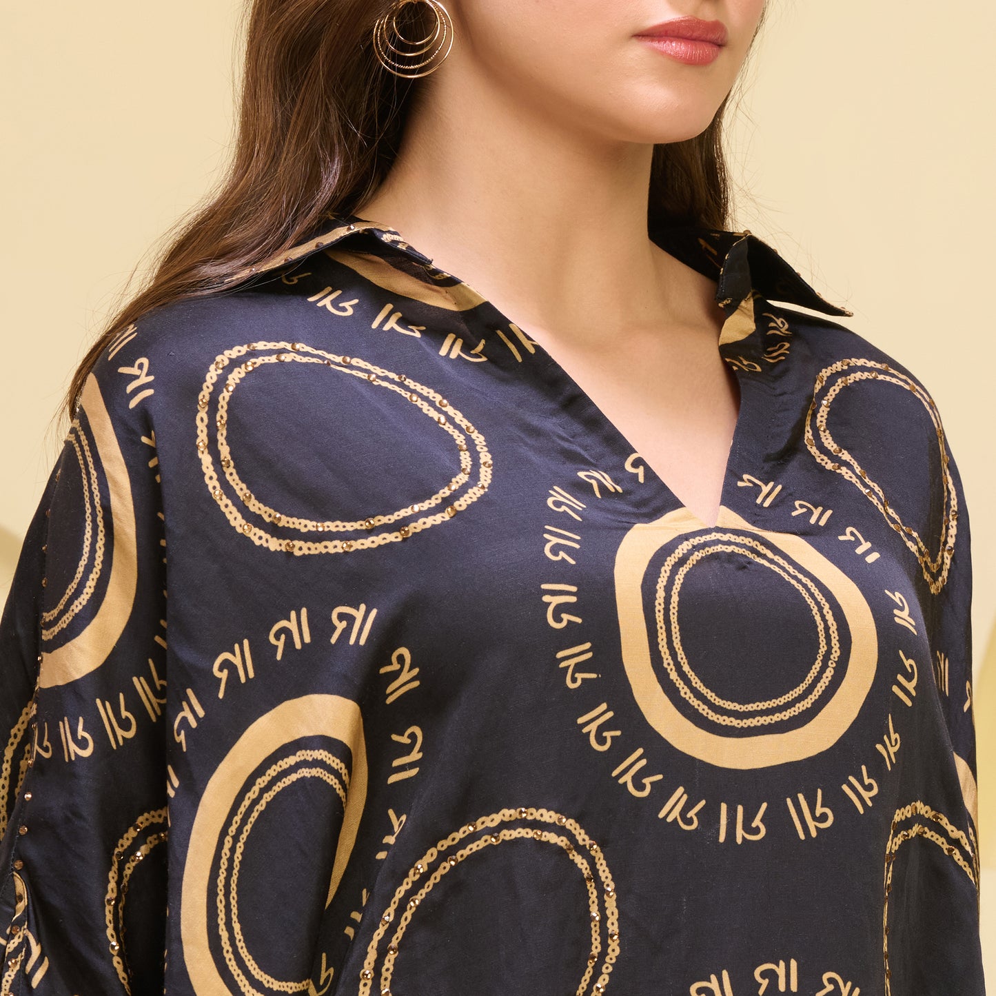 Black and Golden Maa Print Embellished Kaftan Top