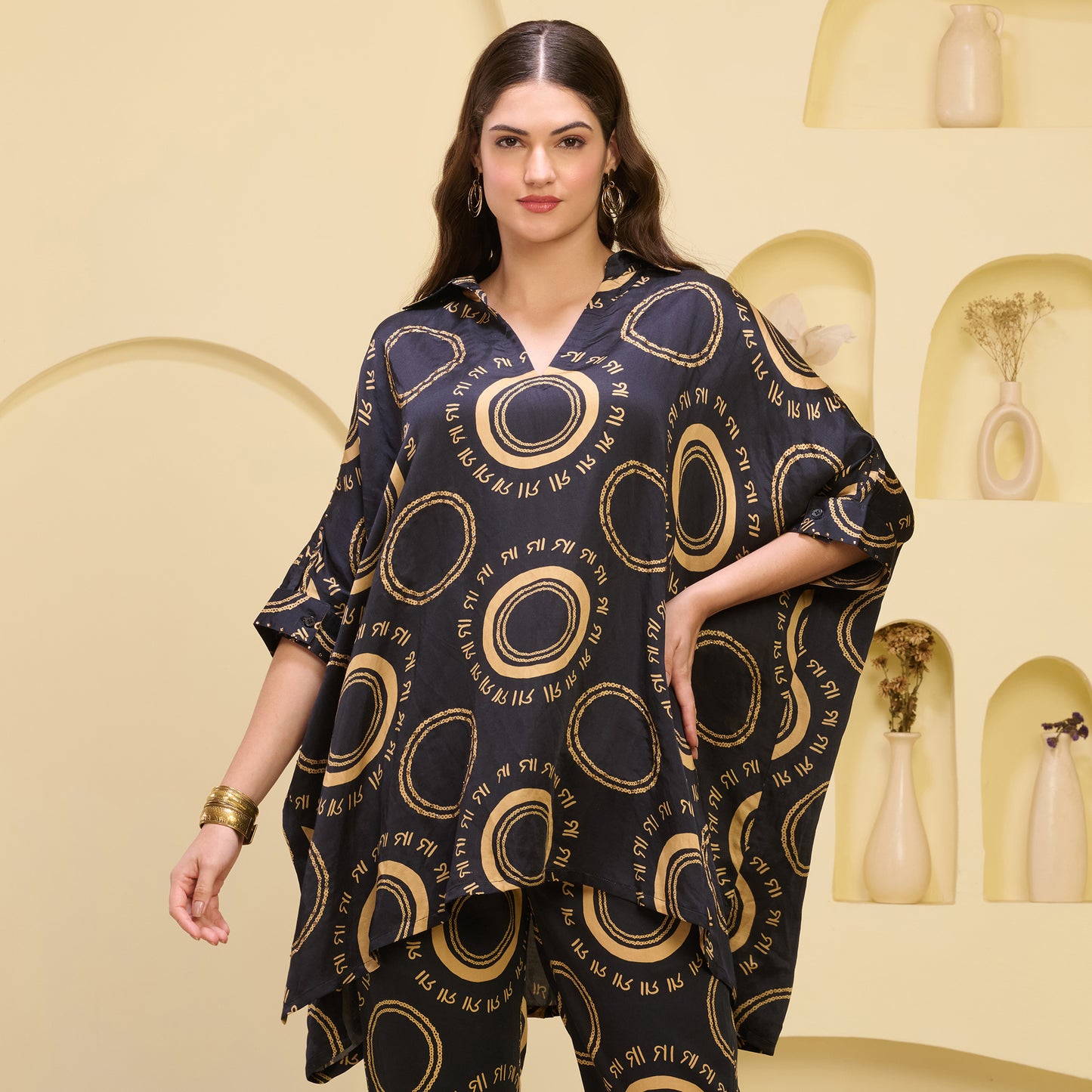 Black and Golden Maa Print Embellished Kaftan Top