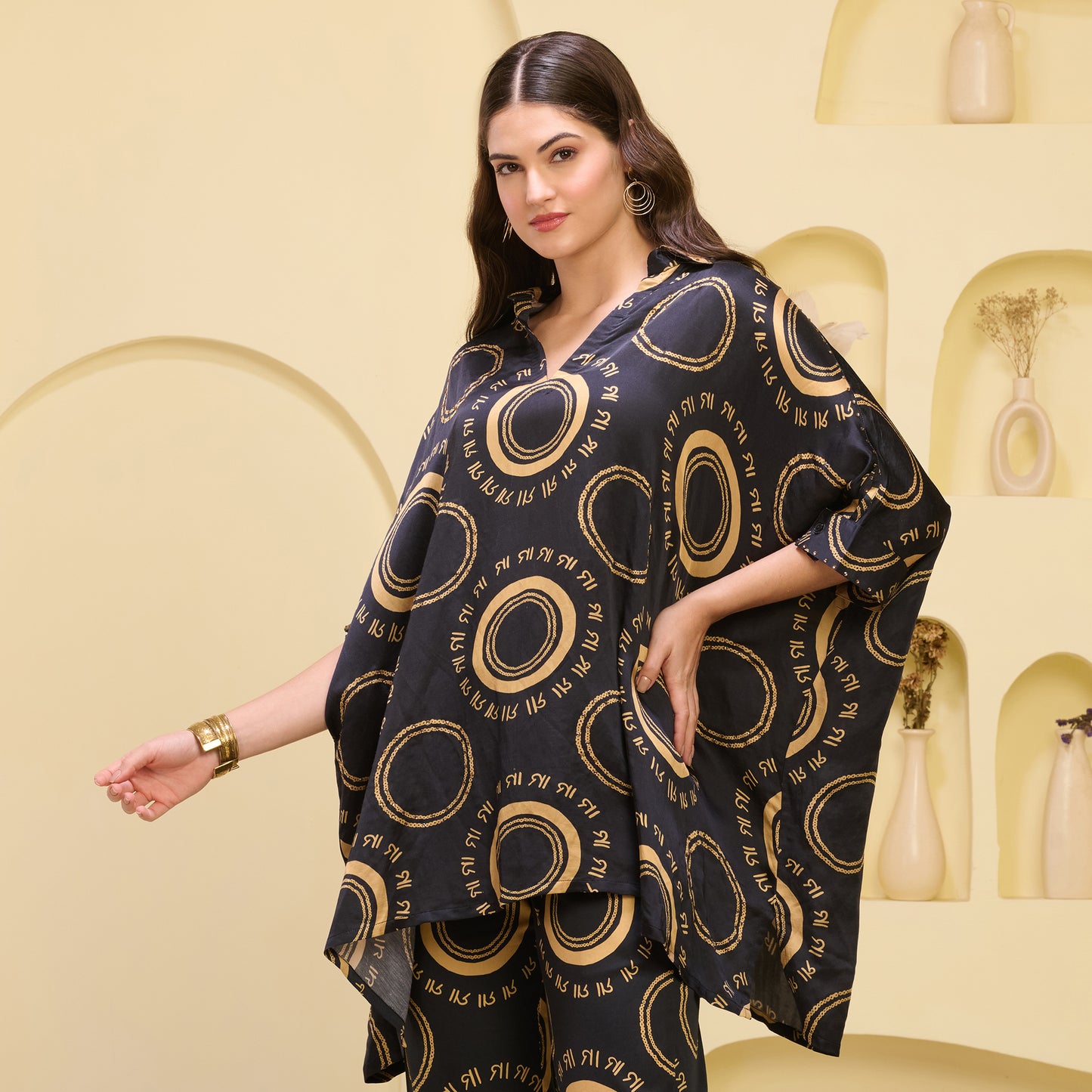 Black and Golden Maa Print Embellished Kaftan Top