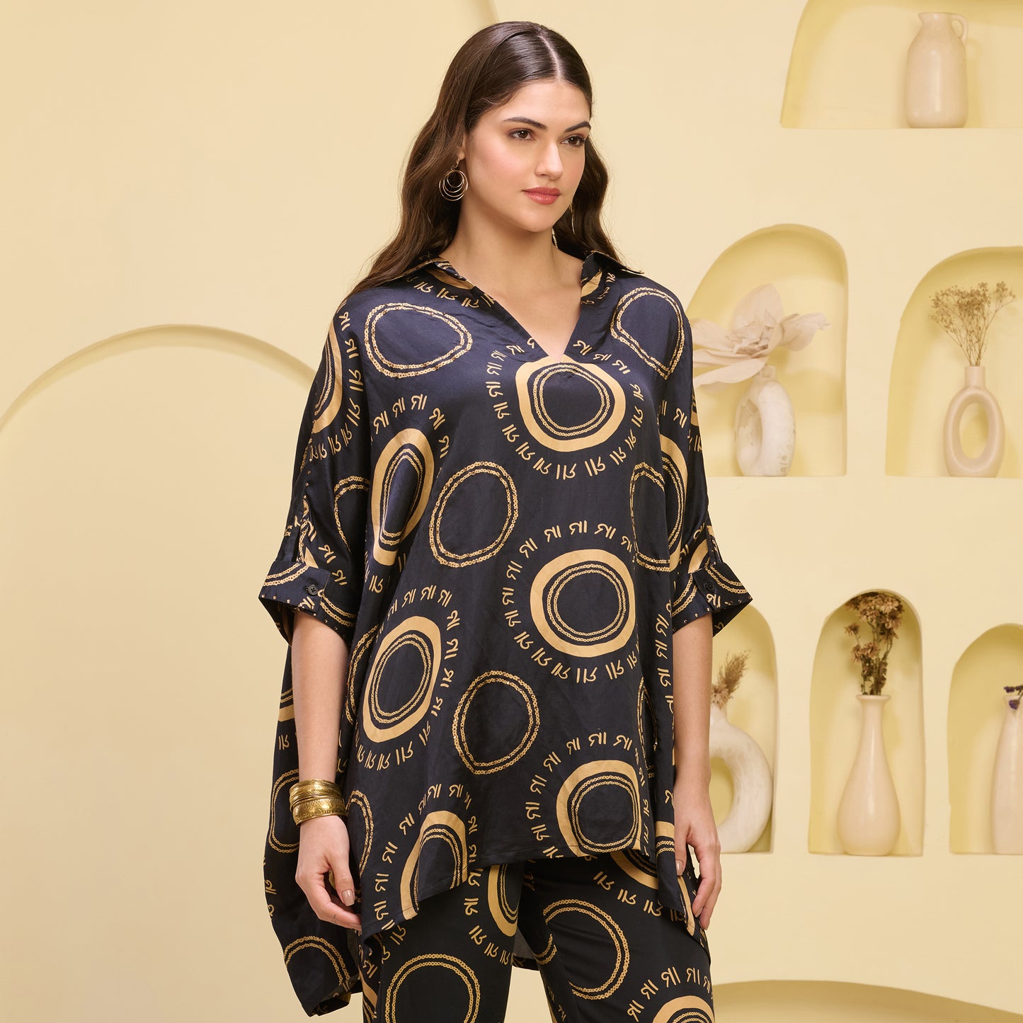 Black and Golden Maa Print Embellished Kaftan Top