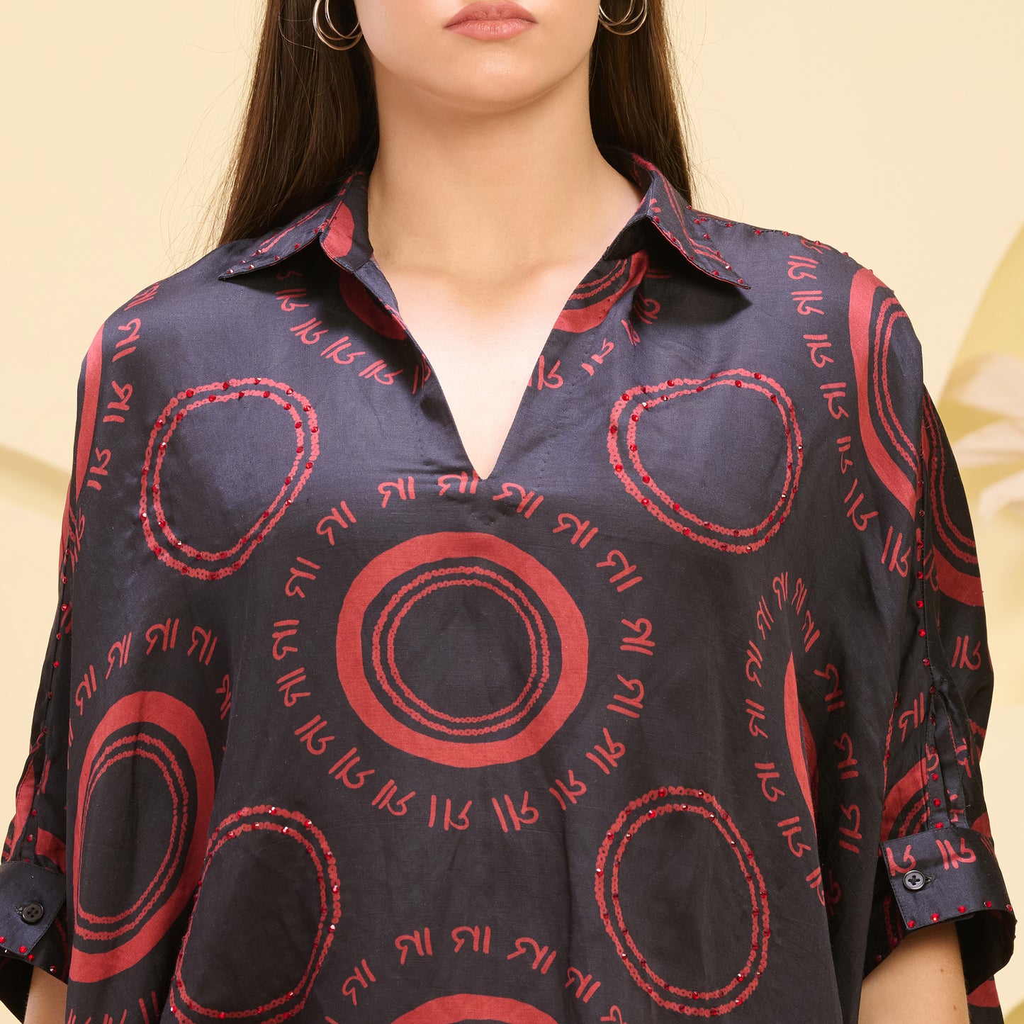 Black and Red Maa Print Embellished Kaftan Top