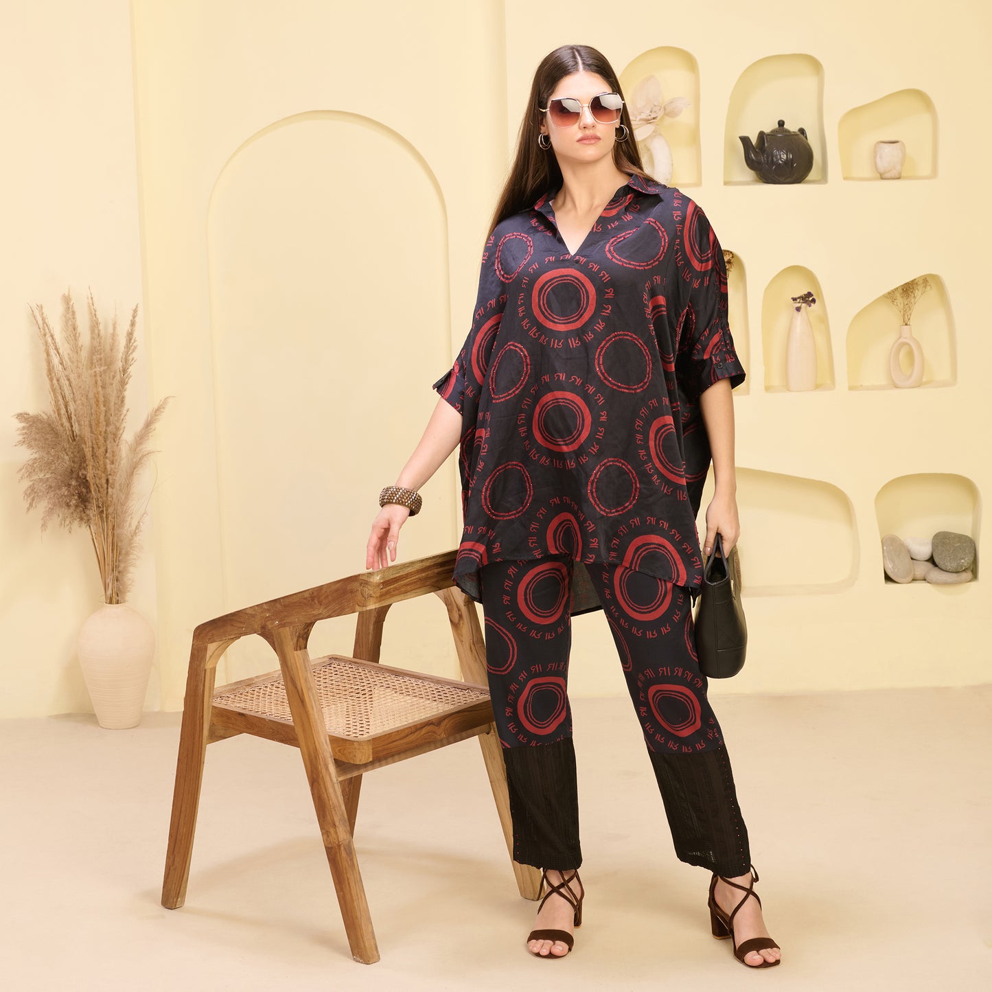 Black and Red Maa Print Embellished Kaftan Top