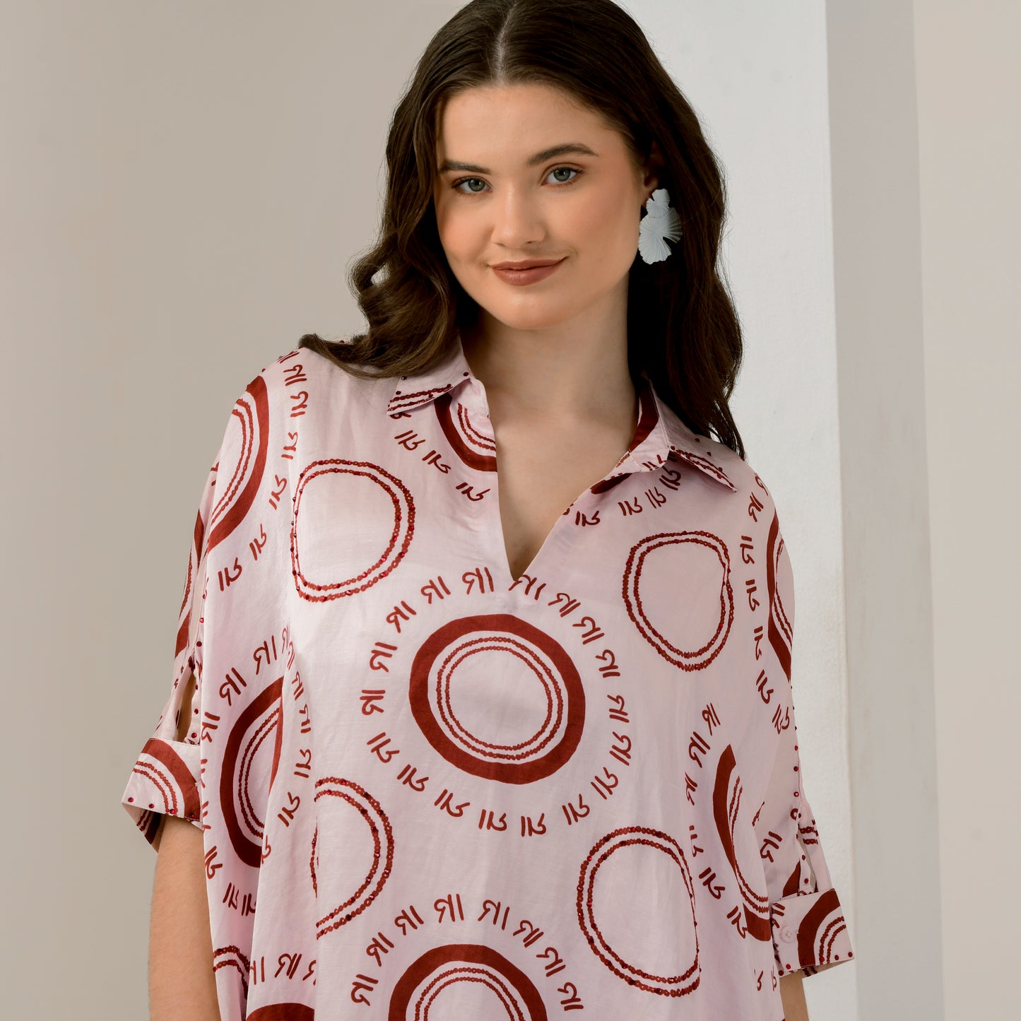 Pink and Red Maa Print Embellished Kaftan Top