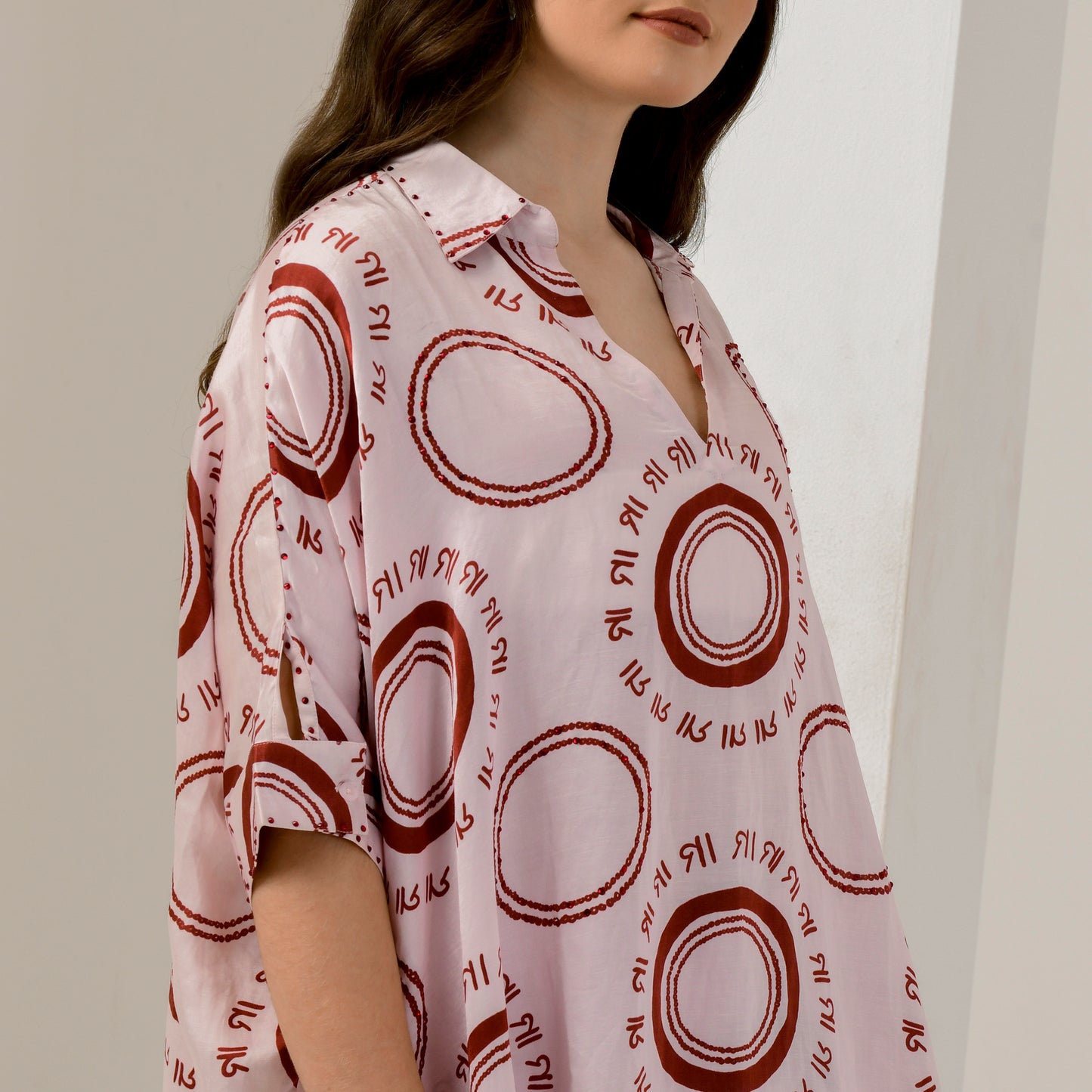 Pink and Red Maa Print Embellished Kaftan Top