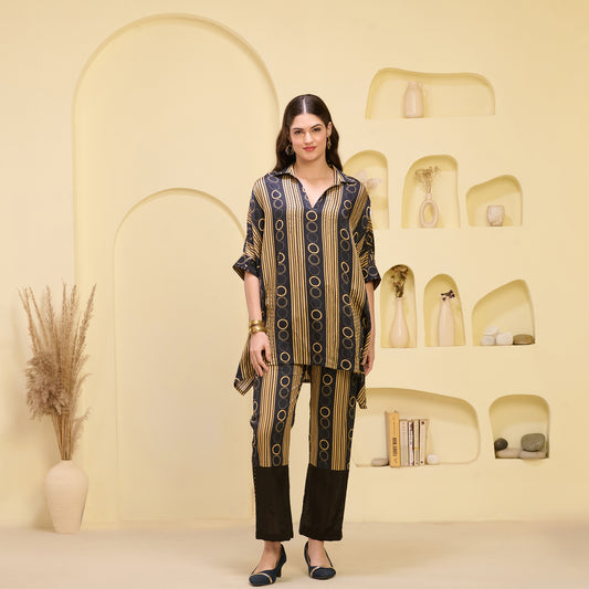 Black and Golden Powerful Stripe Print Embellished Kaftan Top