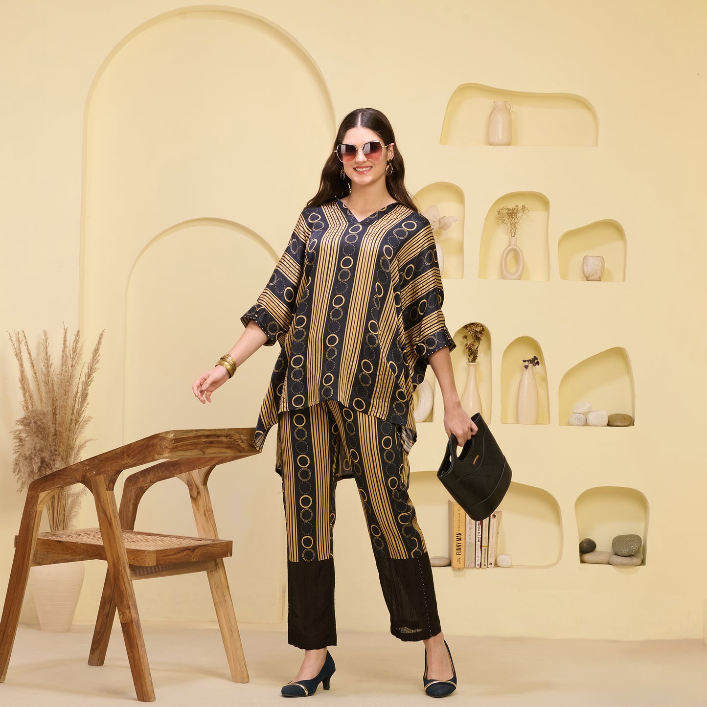 Black and Golden Powerful Stripe Print Embellished Kaftan Top