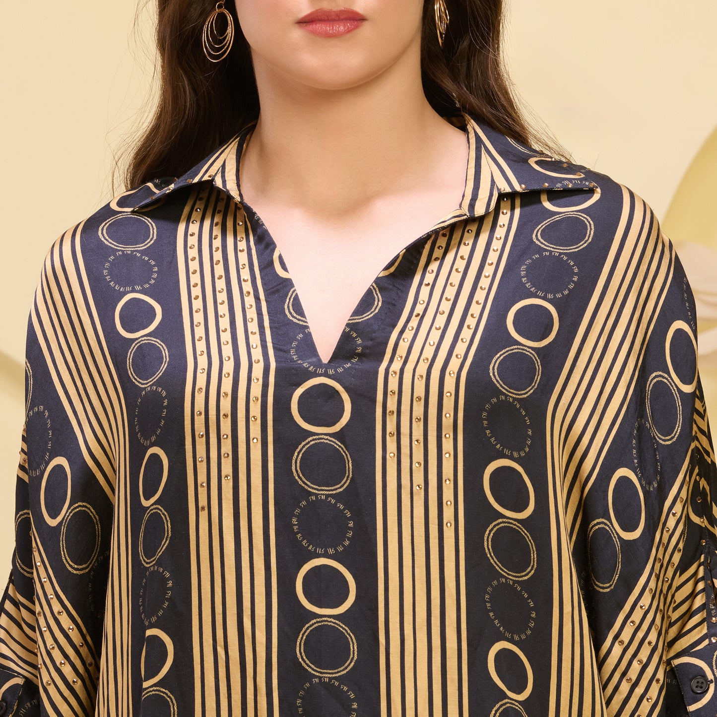 Black and Golden Powerful Stripe Print Embellished Kaftan Top