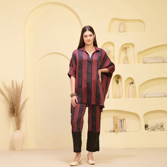 Black and Red Powerful Stripe Print Embellished Kaftan Top