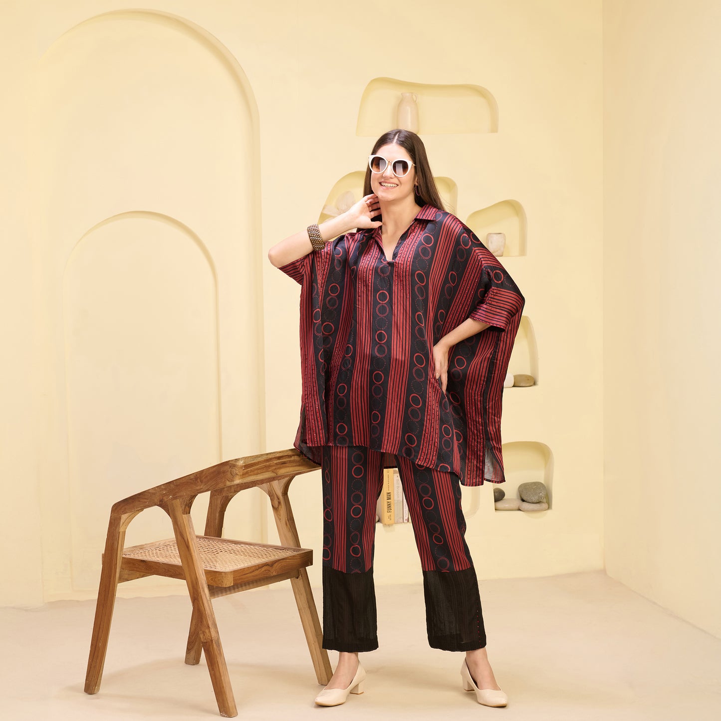 Black and Red Powerful Stripe Print Embellished Kaftan Top