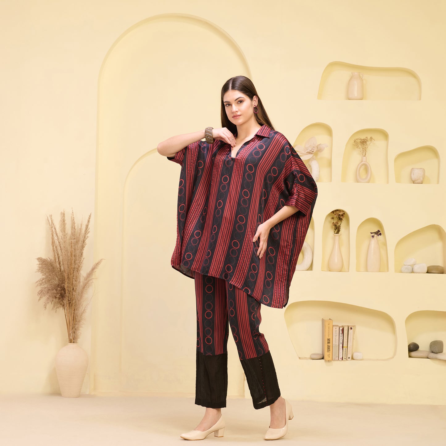 Black and Red Powerful Stripe Print Embellished Kaftan Top