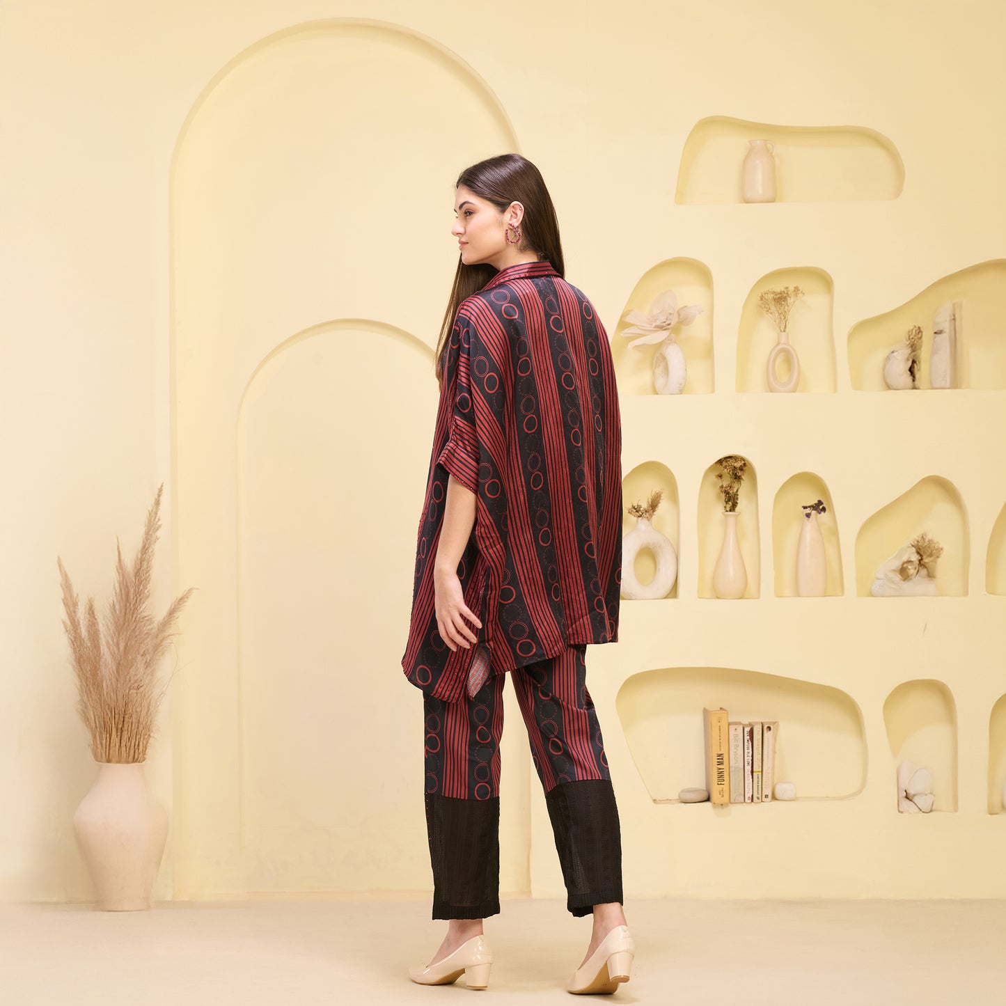 Black and Red Powerful Stripe Print Embellished Kaftan Top