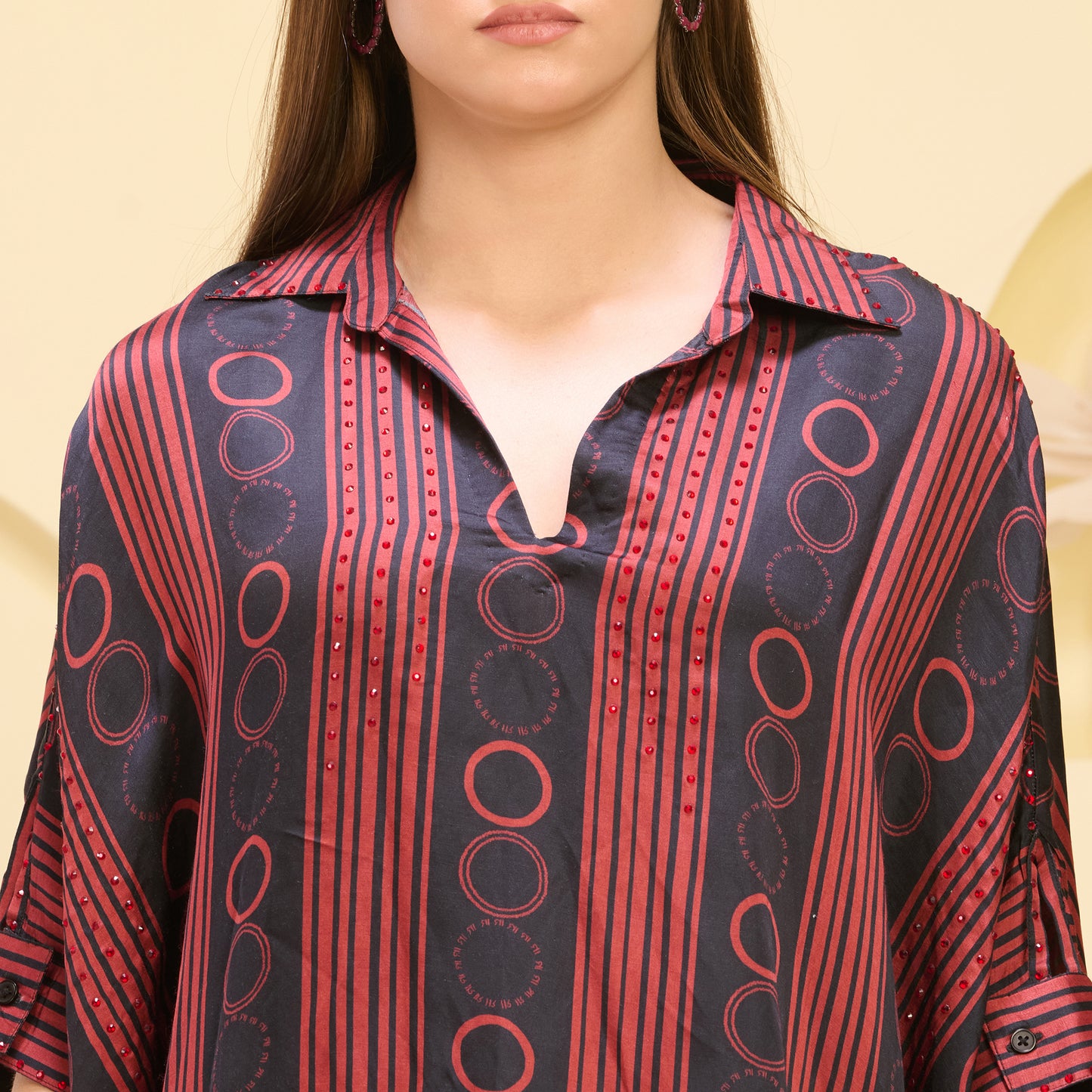 Black and Red Powerful Stripe Print Embellished Kaftan Top