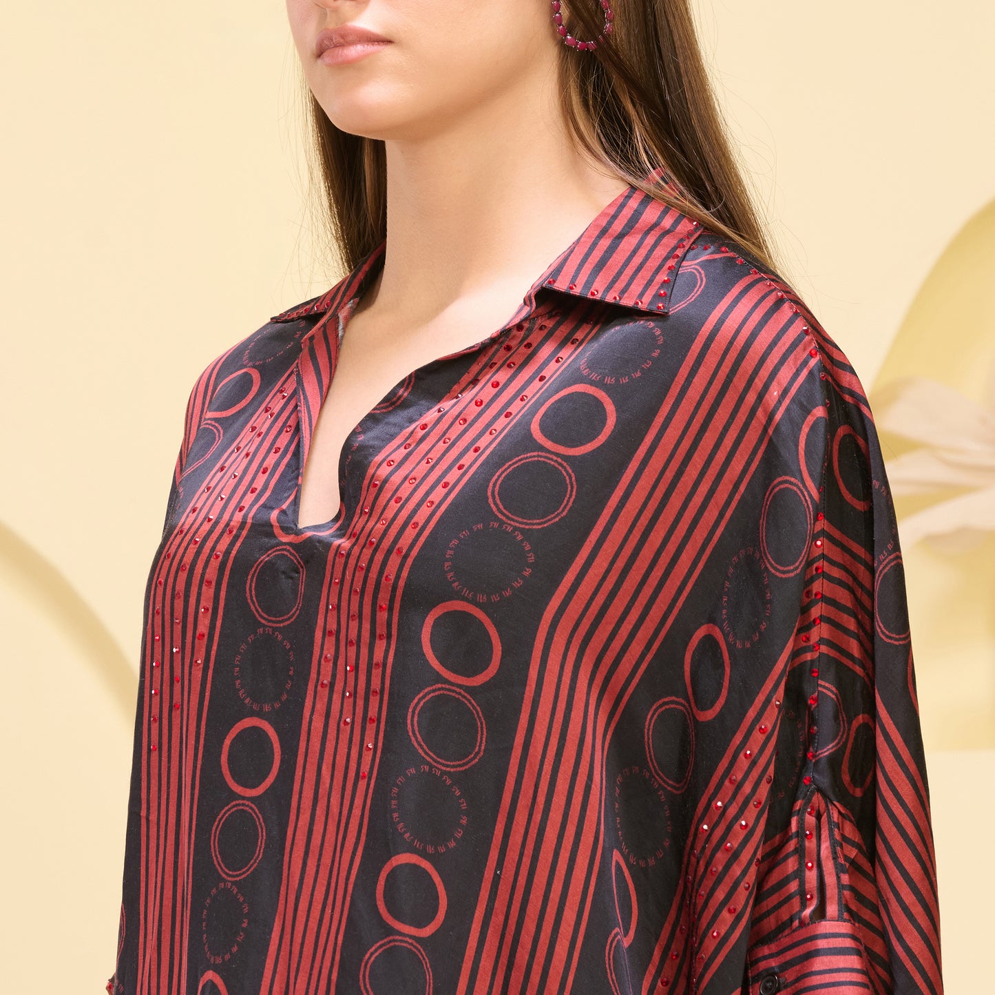 Black and Red Powerful Stripe Print Embellished Kaftan Top