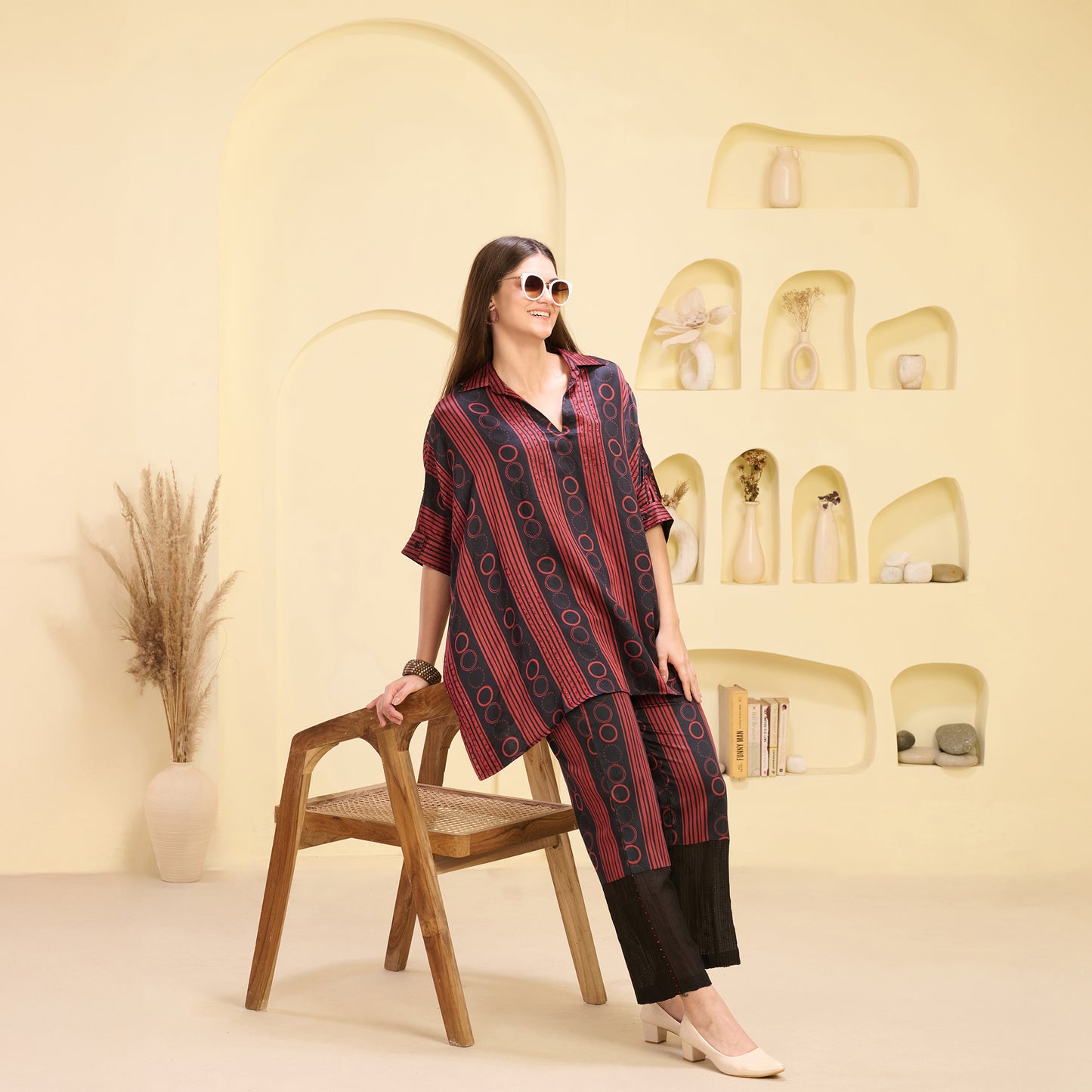 Black and Red Powerful Stripe Print Embellished Kaftan Top