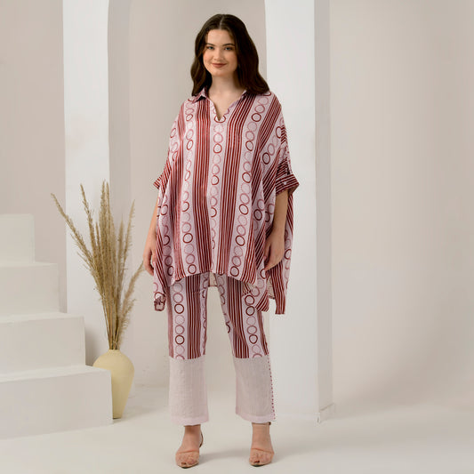 Pink and Red Powerful Stripe Print Embellished Kaftan Top