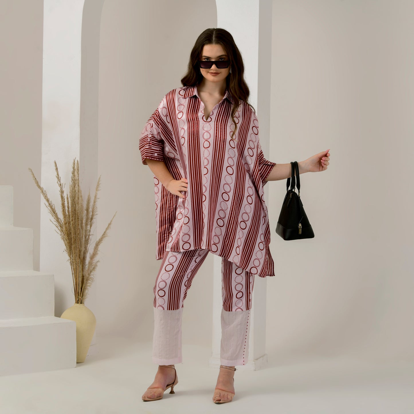 Pink and Red Powerful Stripe Print Embellished Kaftan Top