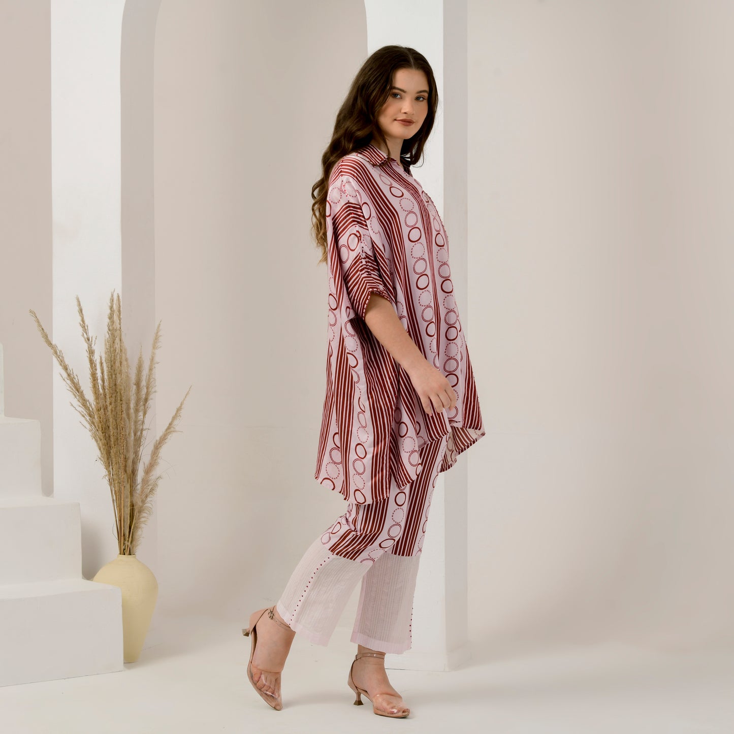 Pink and Red Powerful Stripe Print Embellished Kaftan Top