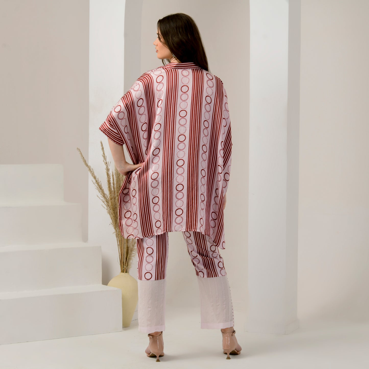 Pink and Red Powerful Stripe Print Embellished Kaftan Top