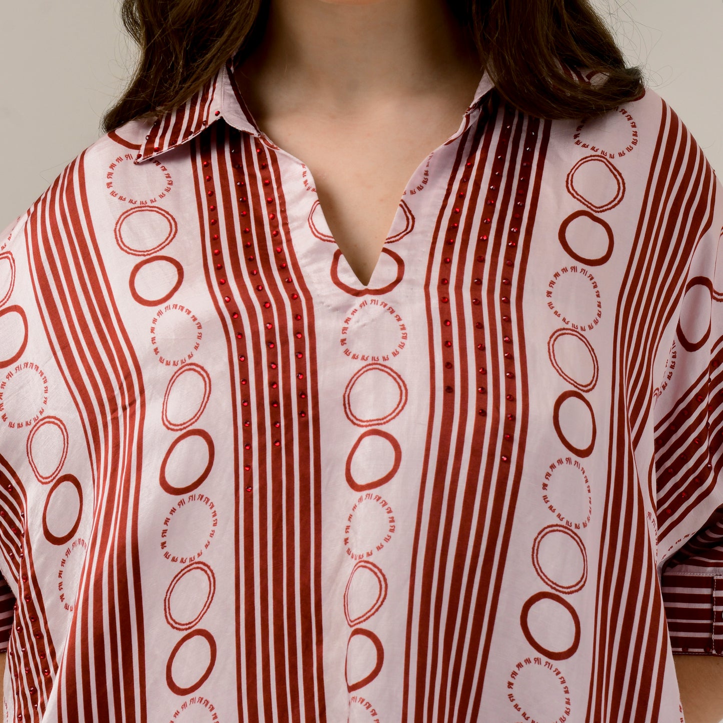 Pink and Red Powerful Stripe Print Embellished Kaftan Top