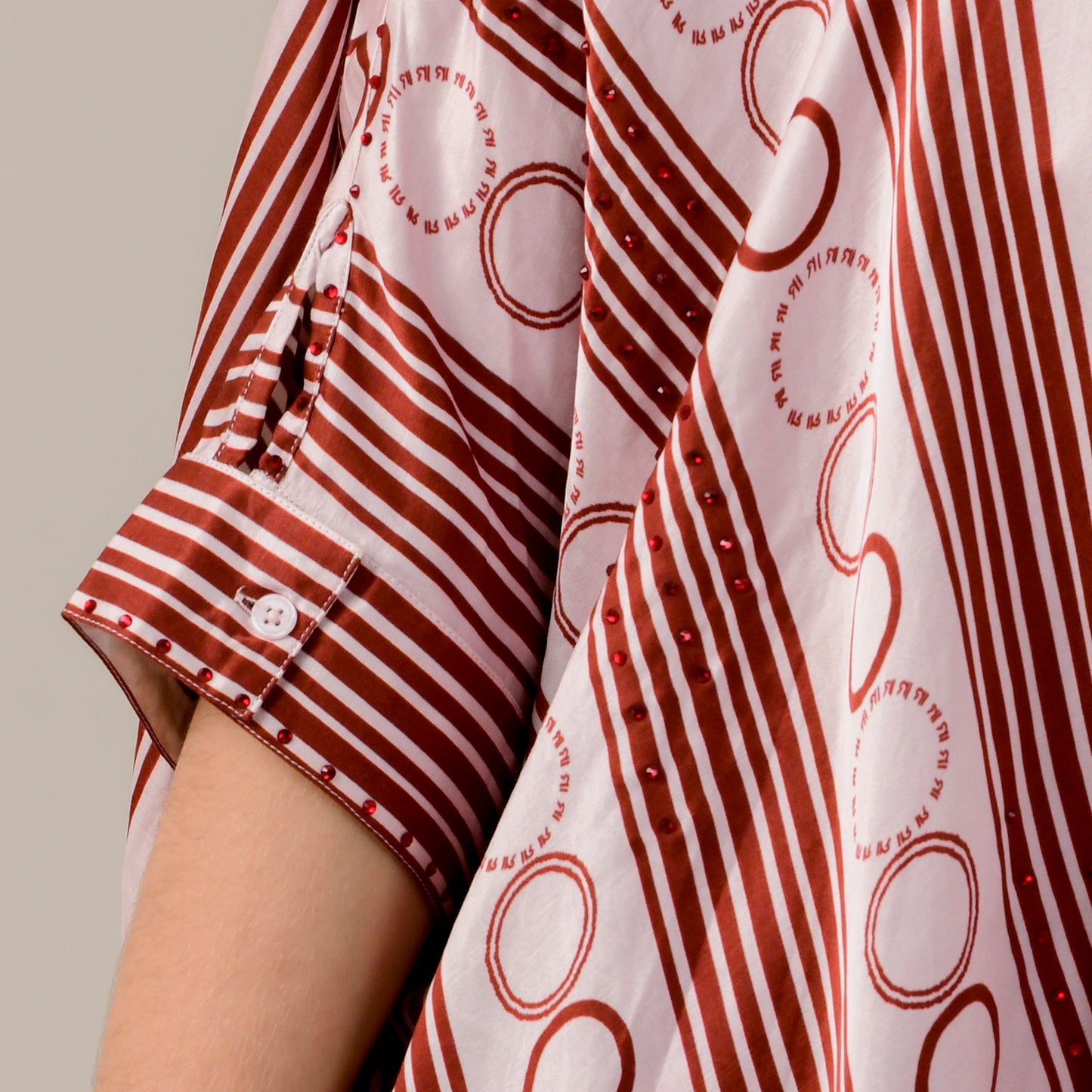 Pink and Red Powerful Stripe Print Embellished Kaftan Top