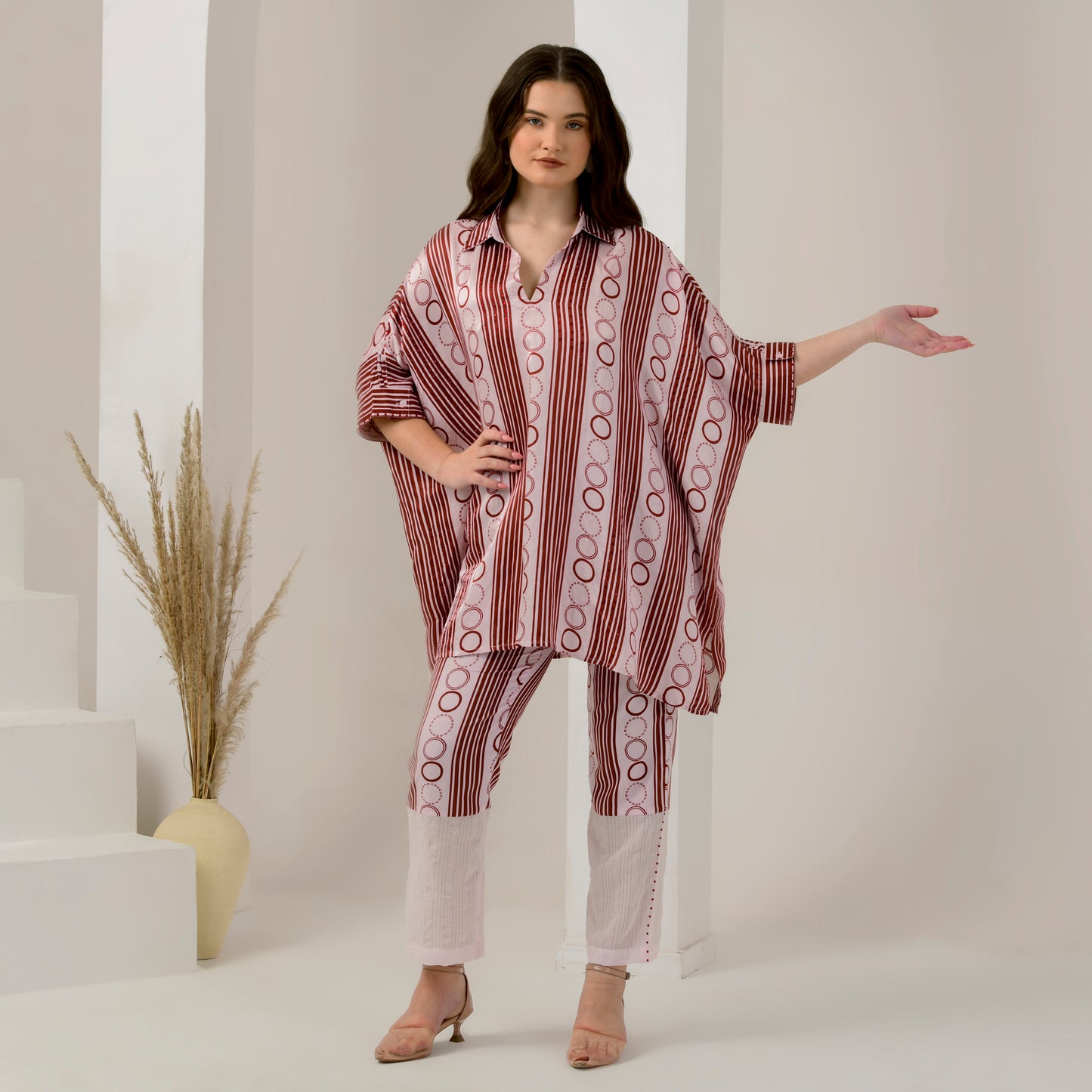 Pink and Red Powerful Stripe Print Embellished Kaftan Top