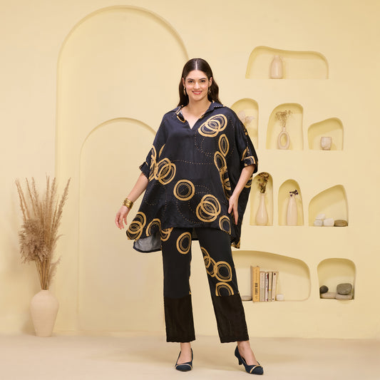 Black and Golden Powerful Print Embellished Kaftan Top