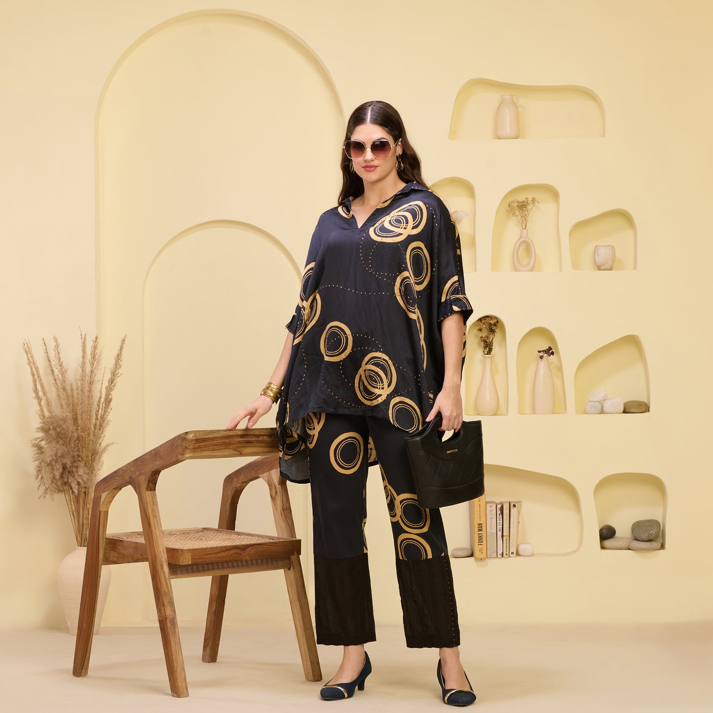 Black and Golden Powerful Print Embellished Kaftan Top