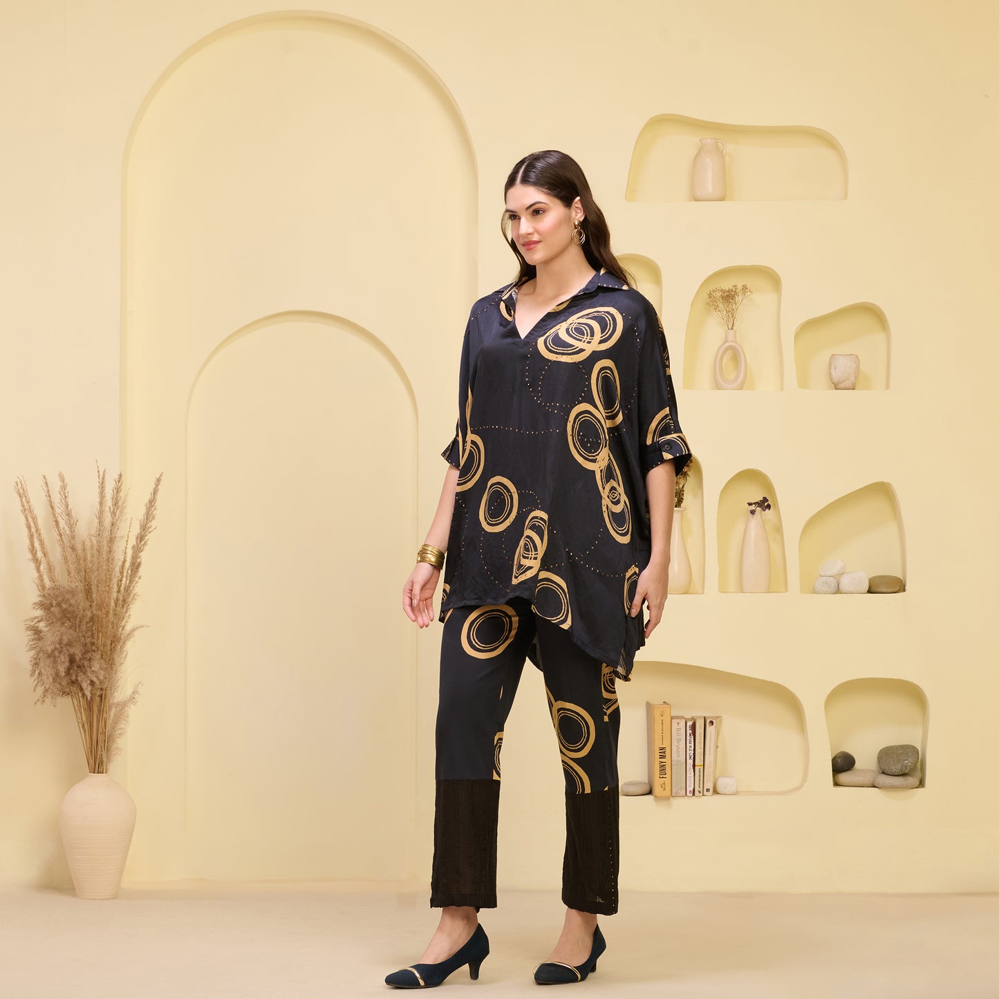 Black and Golden Powerful Print Embellished Kaftan Top