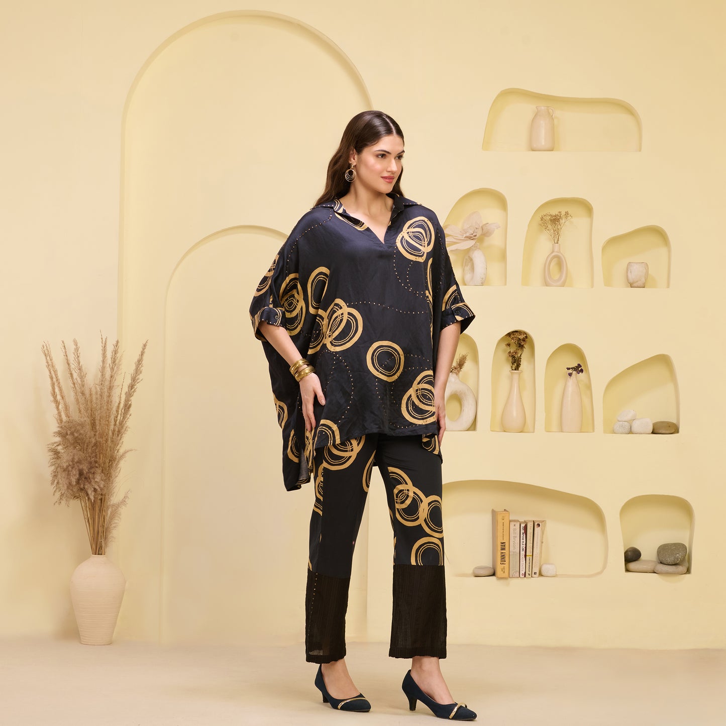 Black and Golden Powerful Print Embellished Kaftan Top