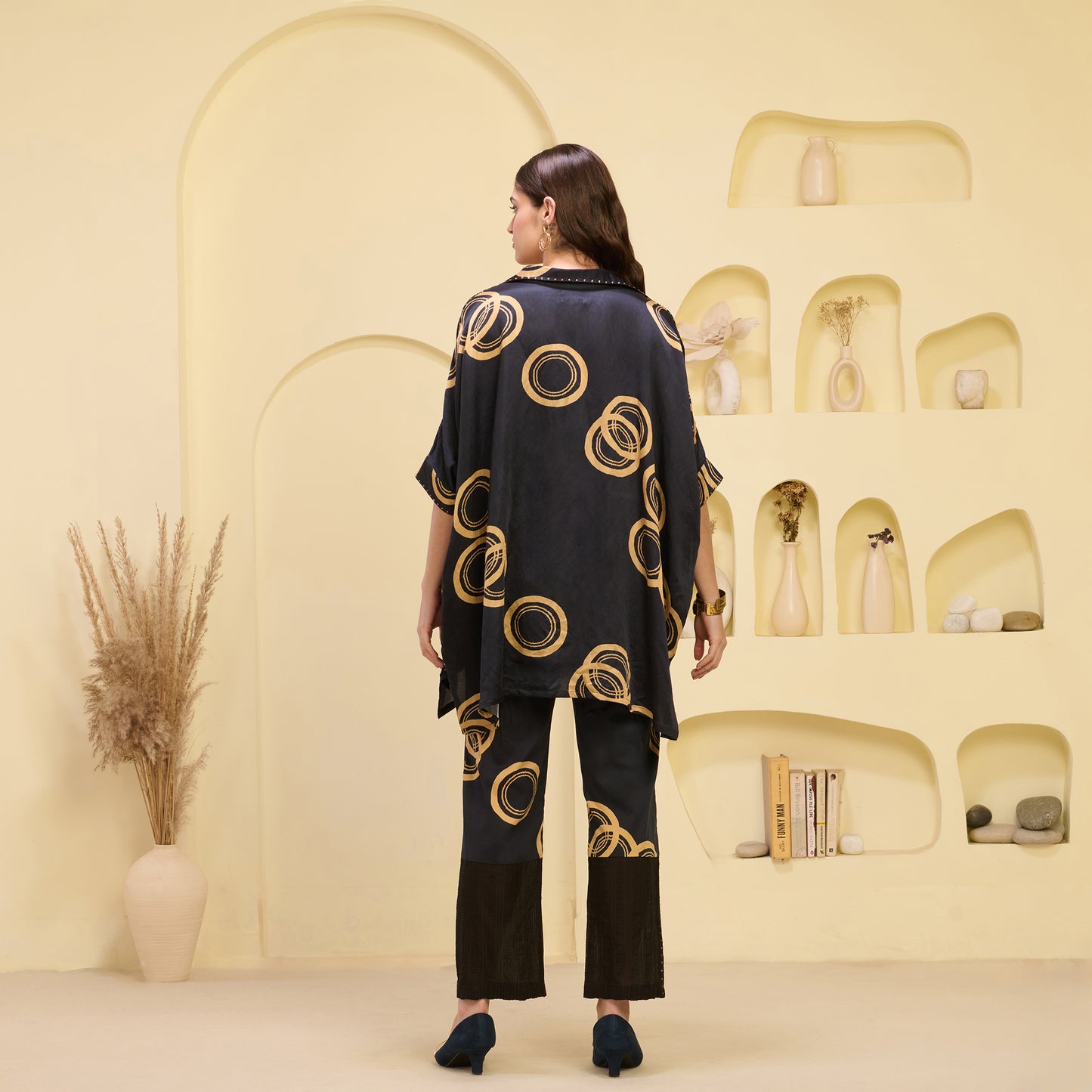 Black and Golden Powerful Print Embellished Kaftan Top