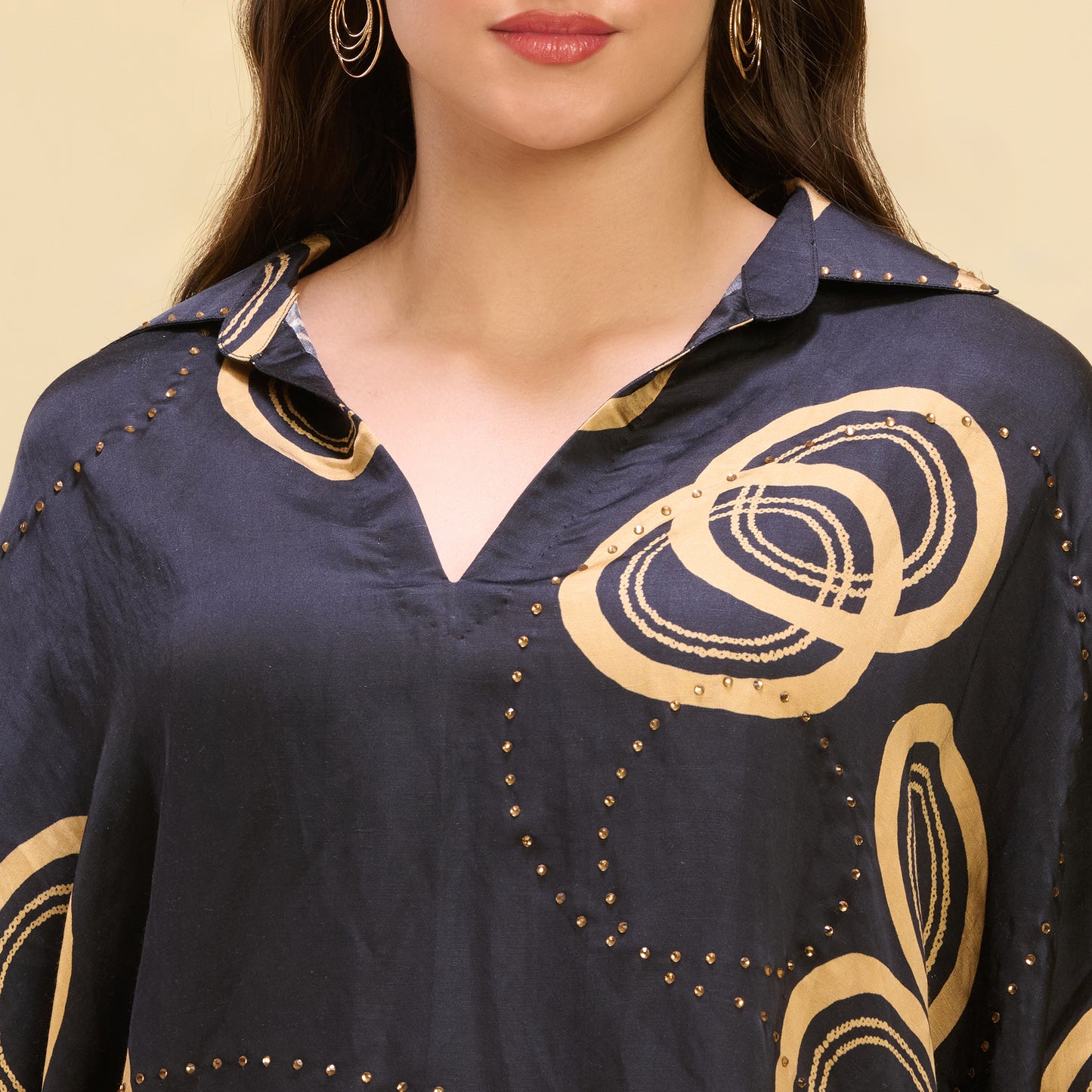 Black and Golden Powerful Print Embellished Kaftan Top