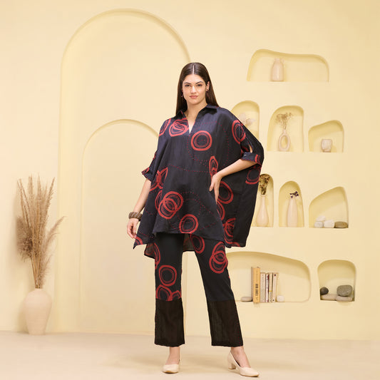 Black and Red Powerful Print Embellished Kaftan Top