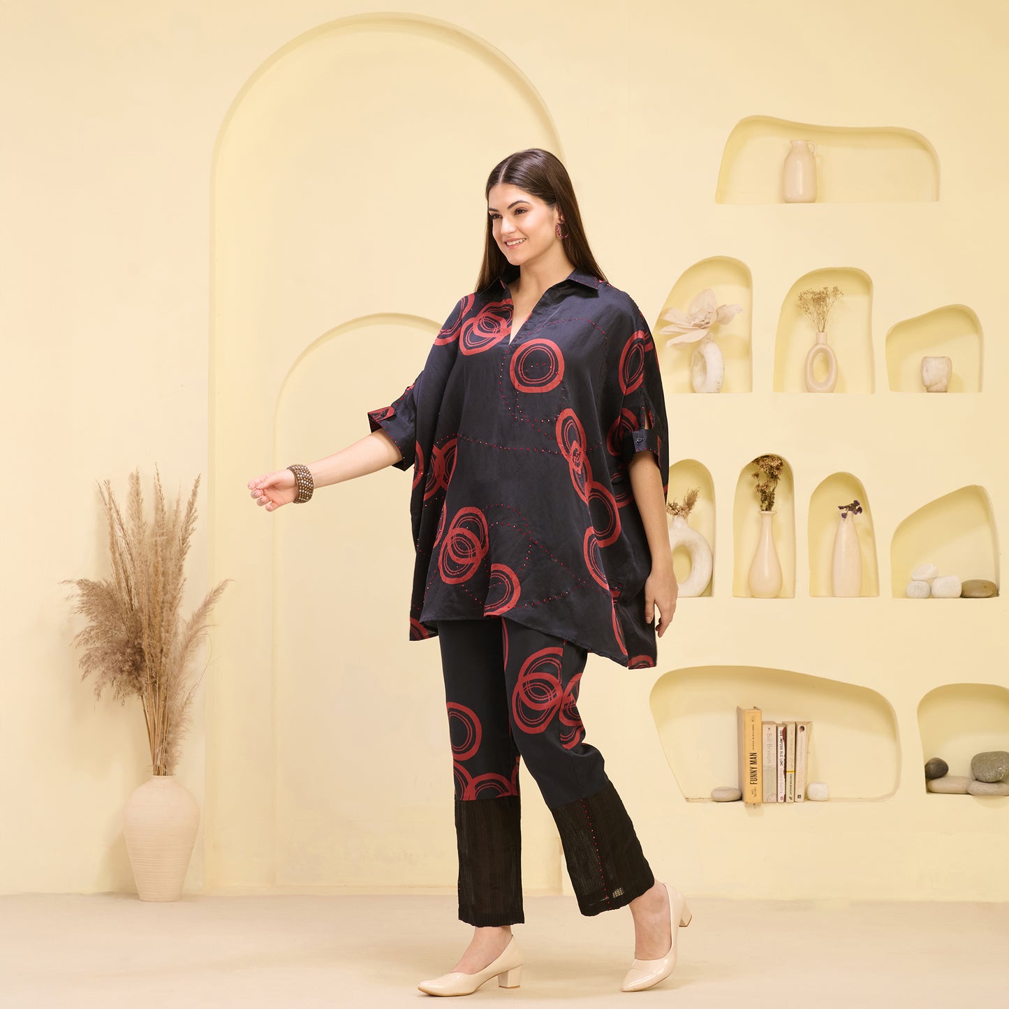 Black and Red Powerful Print Embellished Kaftan Top