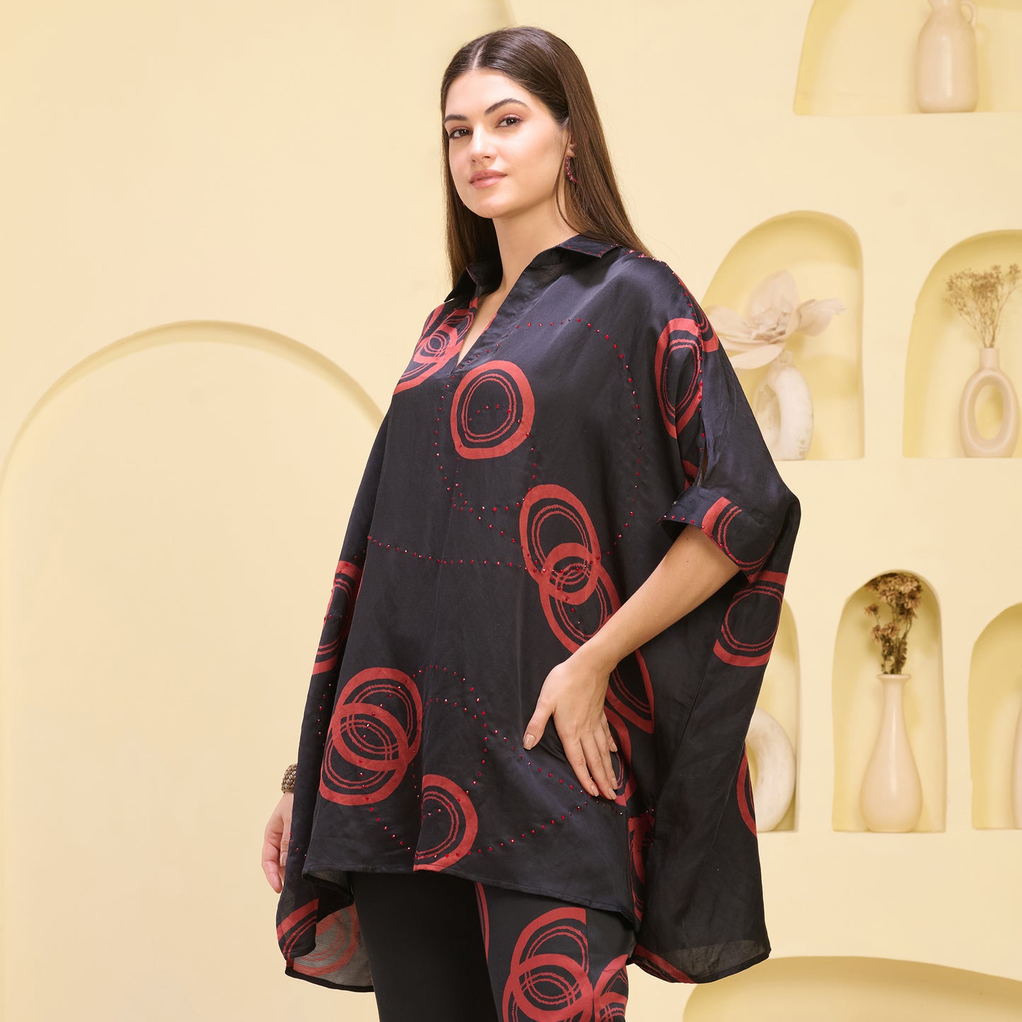 Black and Red Powerful Print Embellished Kaftan Top