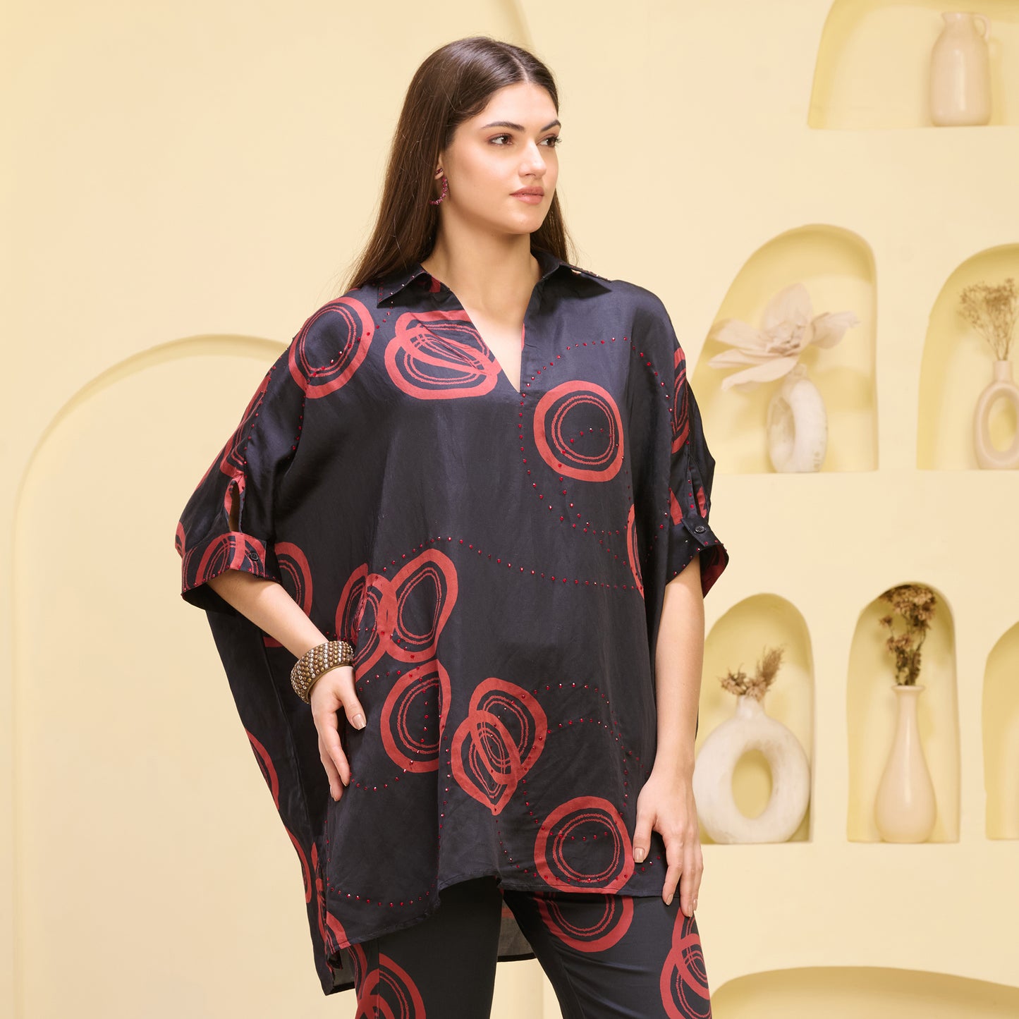 Black and Red Powerful Print Embellished Kaftan Top