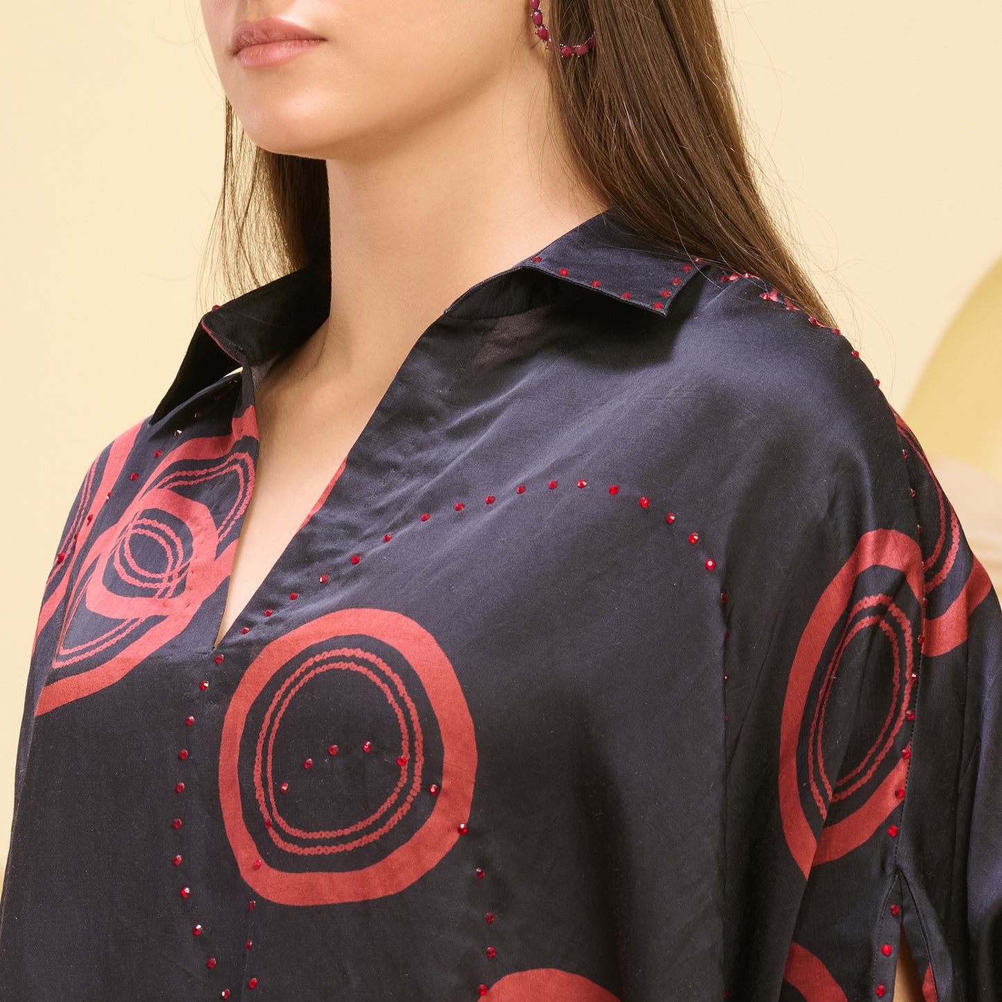 Black and Red Powerful Print Embellished Kaftan Top