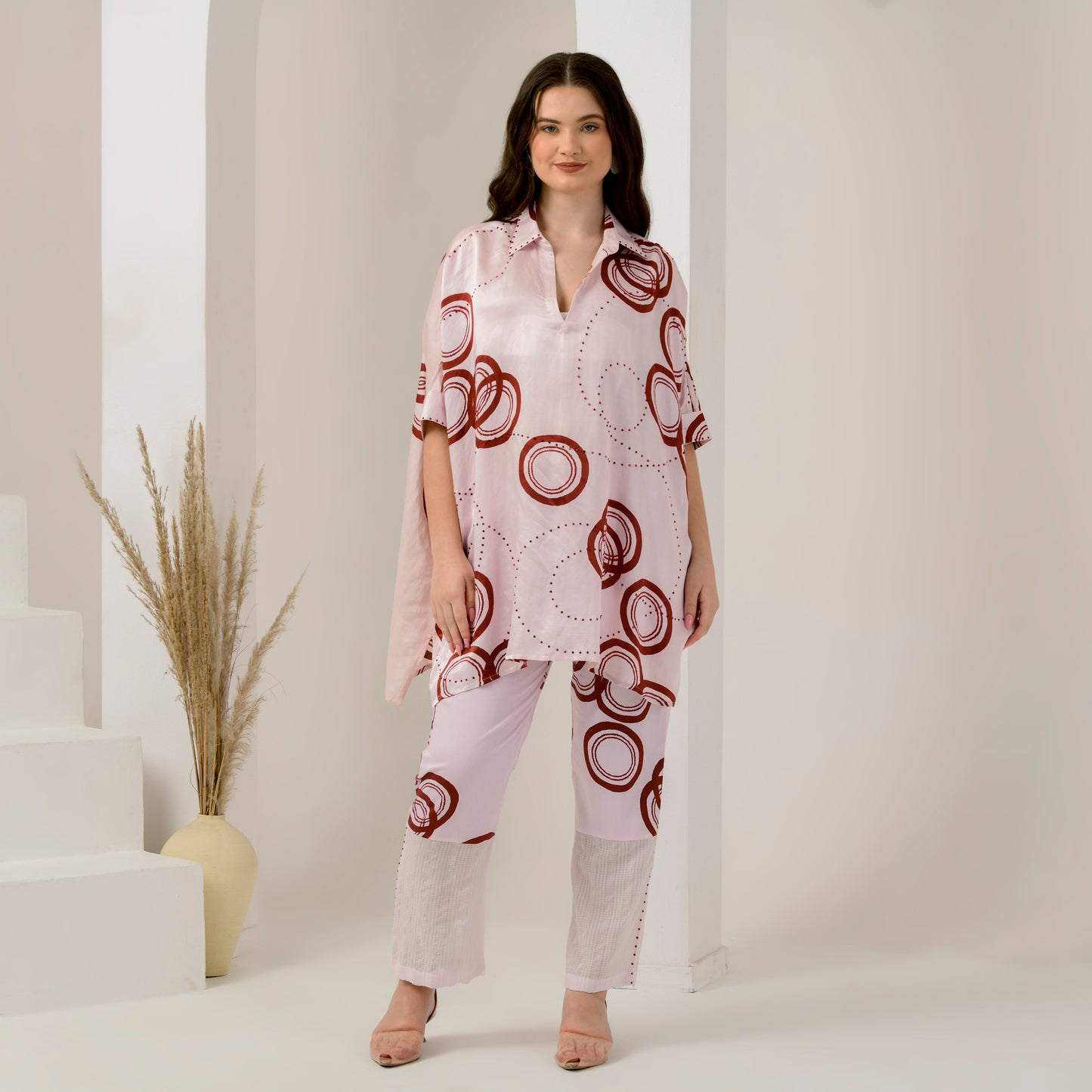 Pink and Red Powerful Print Embellished Kaftan Top