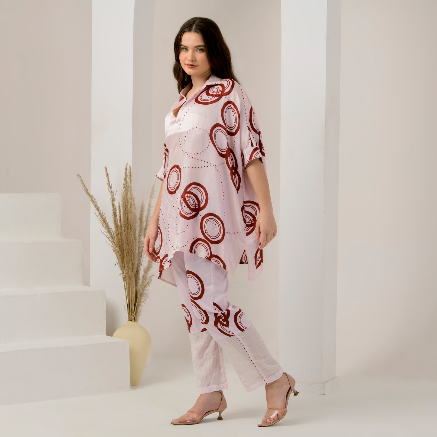 Pink and Red Powerful Print Embellished Kaftan Top