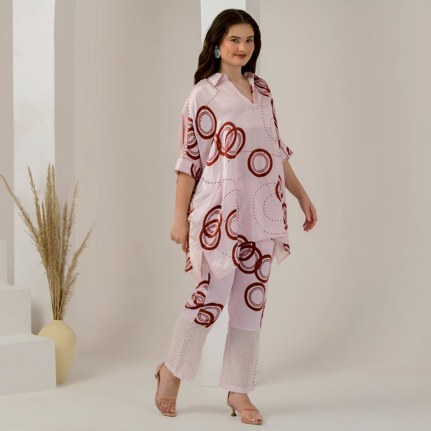 Pink and Red Powerful Print Embellished Kaftan Top