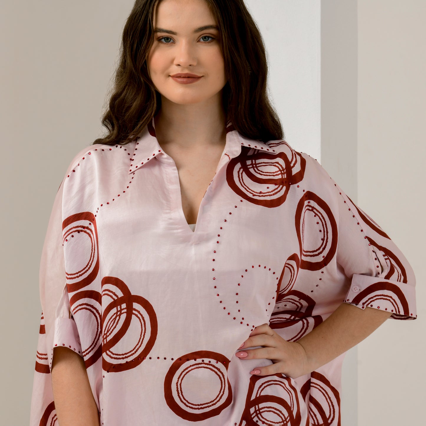 Pink and Red Powerful Print Embellished Kaftan Top