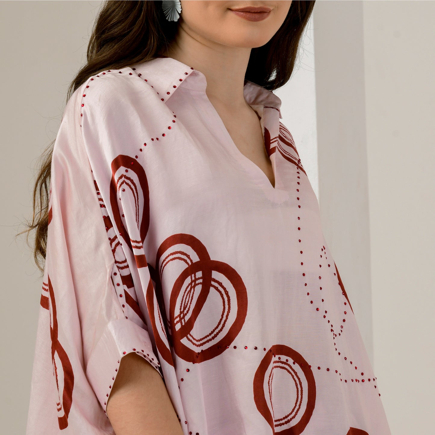 Pink and Red Powerful Print Embellished Kaftan Top