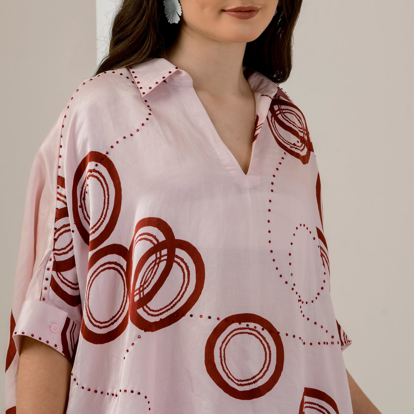 Pink and Red Powerful Print Embellished Kaftan Top