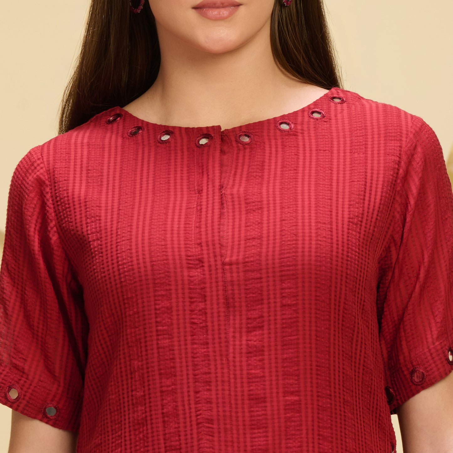 Red Mirror Hand Embroidered Asymmetric Kurta