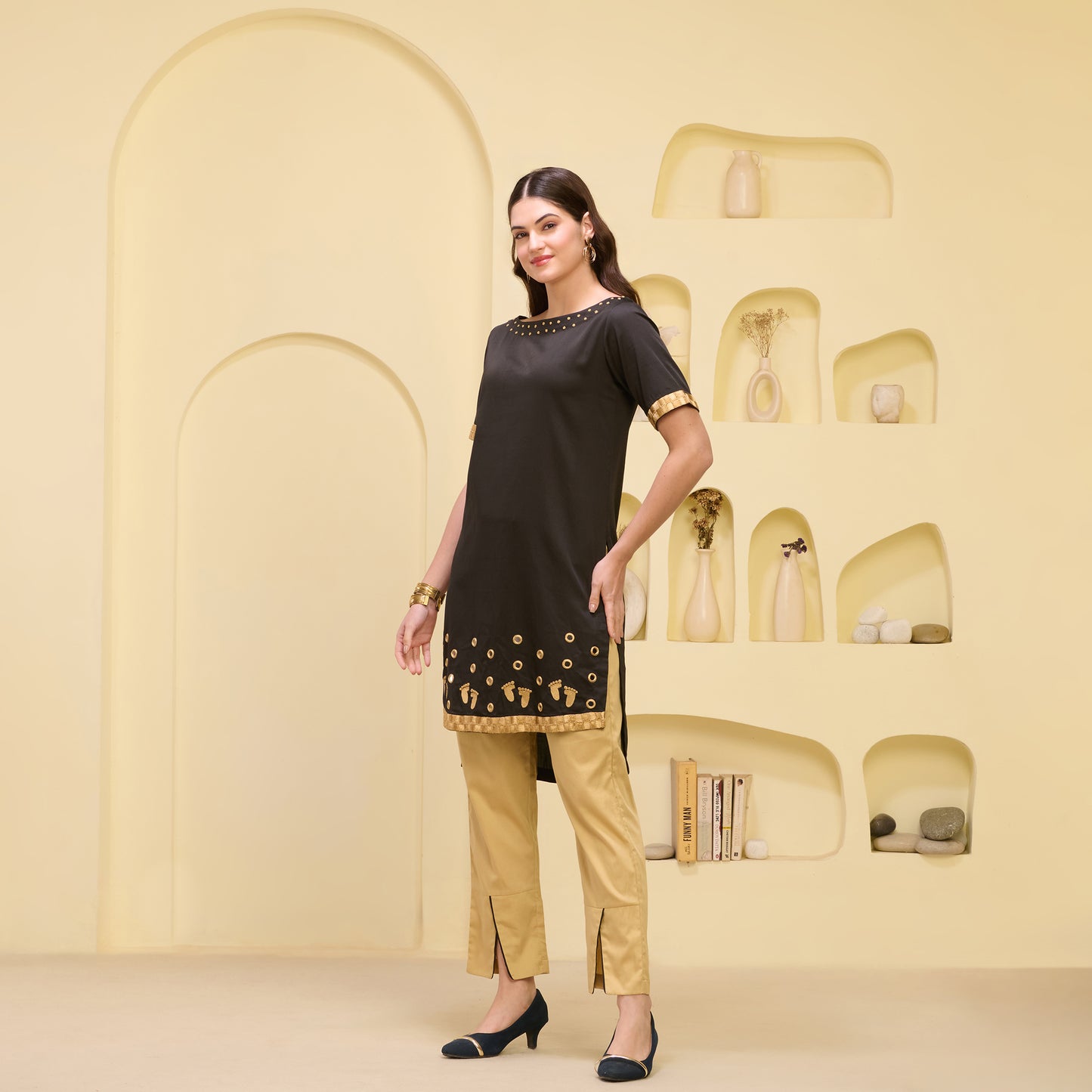 Black and Golden Hand Embroidered High-Low Kurta