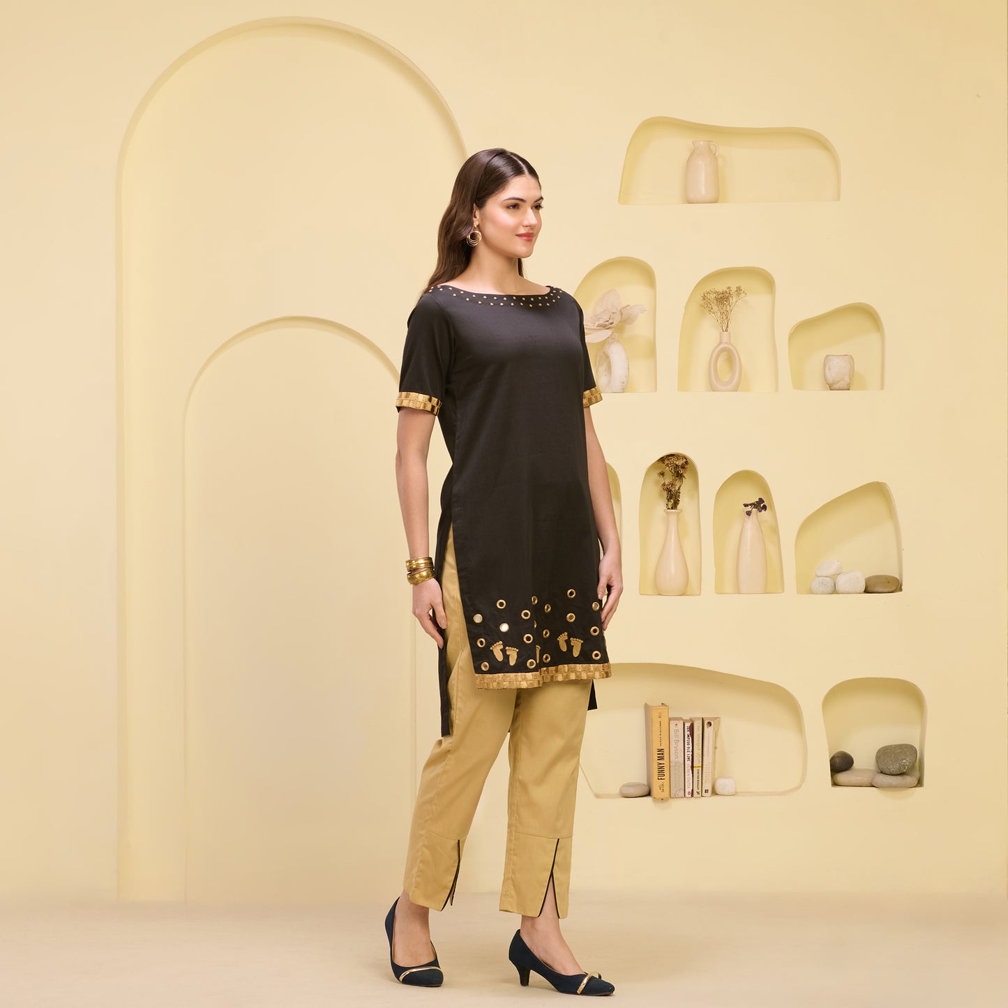 Black and Golden Hand Embroidered High-Low Kurta