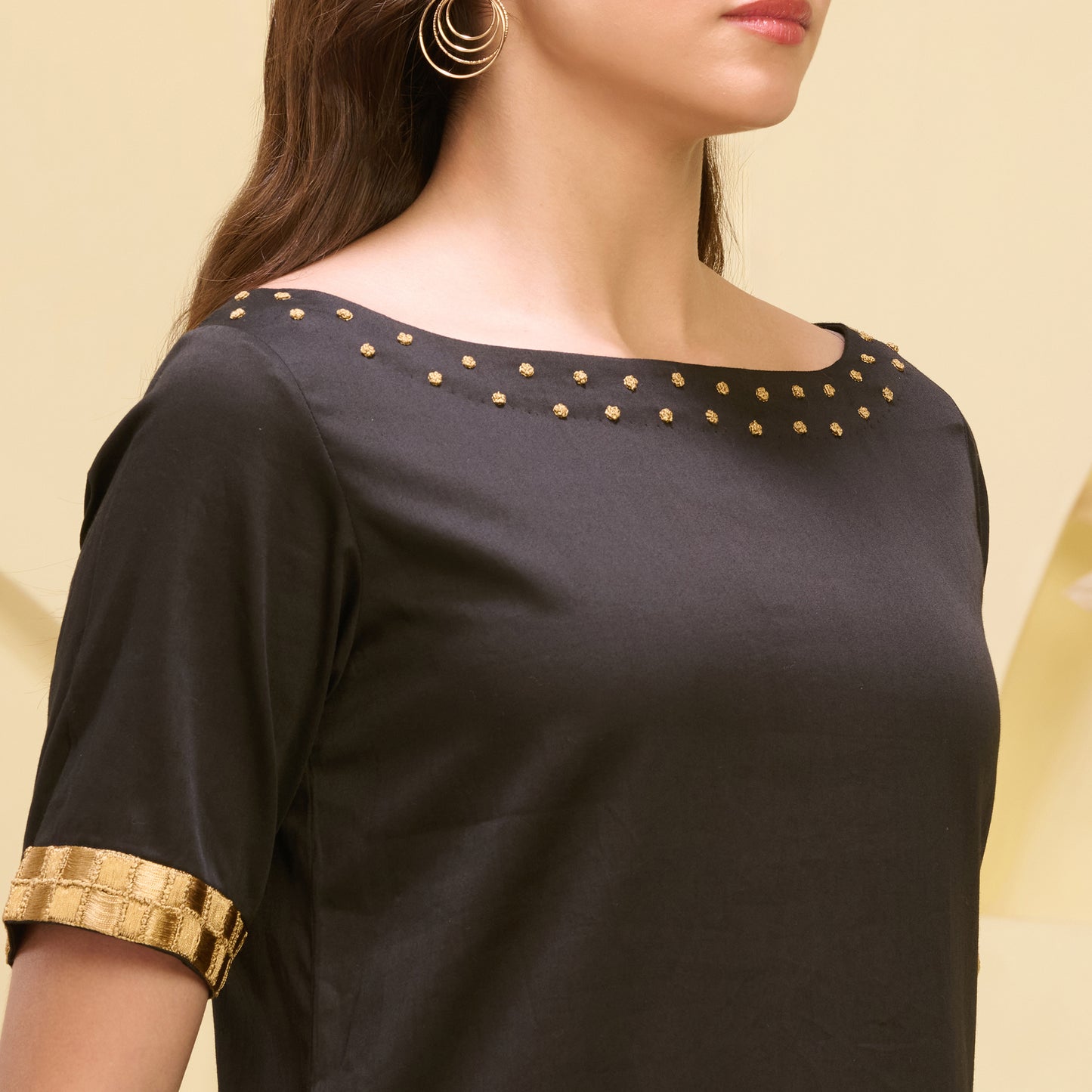 Black and Golden Hand Embroidered High-Low Kurta