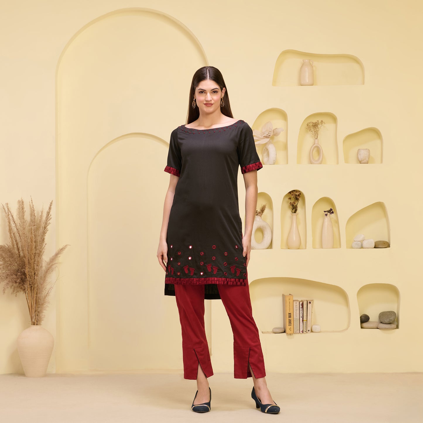 Black and Red Hand Embroidered High-Low Kurta