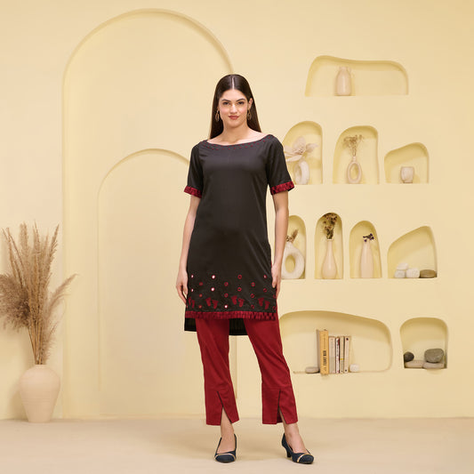 Black and Red Hand Embroidered High-Low Kurta