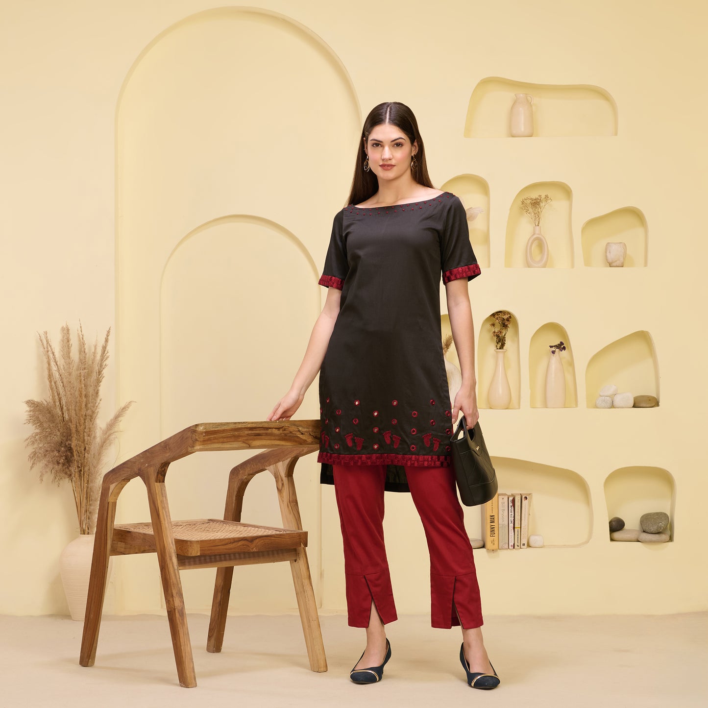 Black and Red Hand Embroidered High-Low Kurta